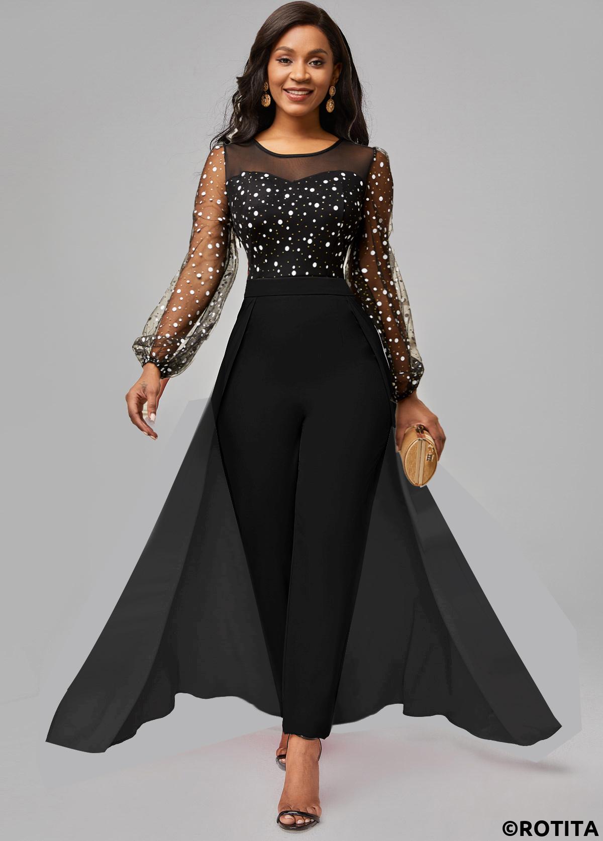 Black jumpsuits&rompers,Dot jumpsuits&rompers,ROTITA Hot Stamping Polka Dot Black Ankle Length Skinny Jumpsuit