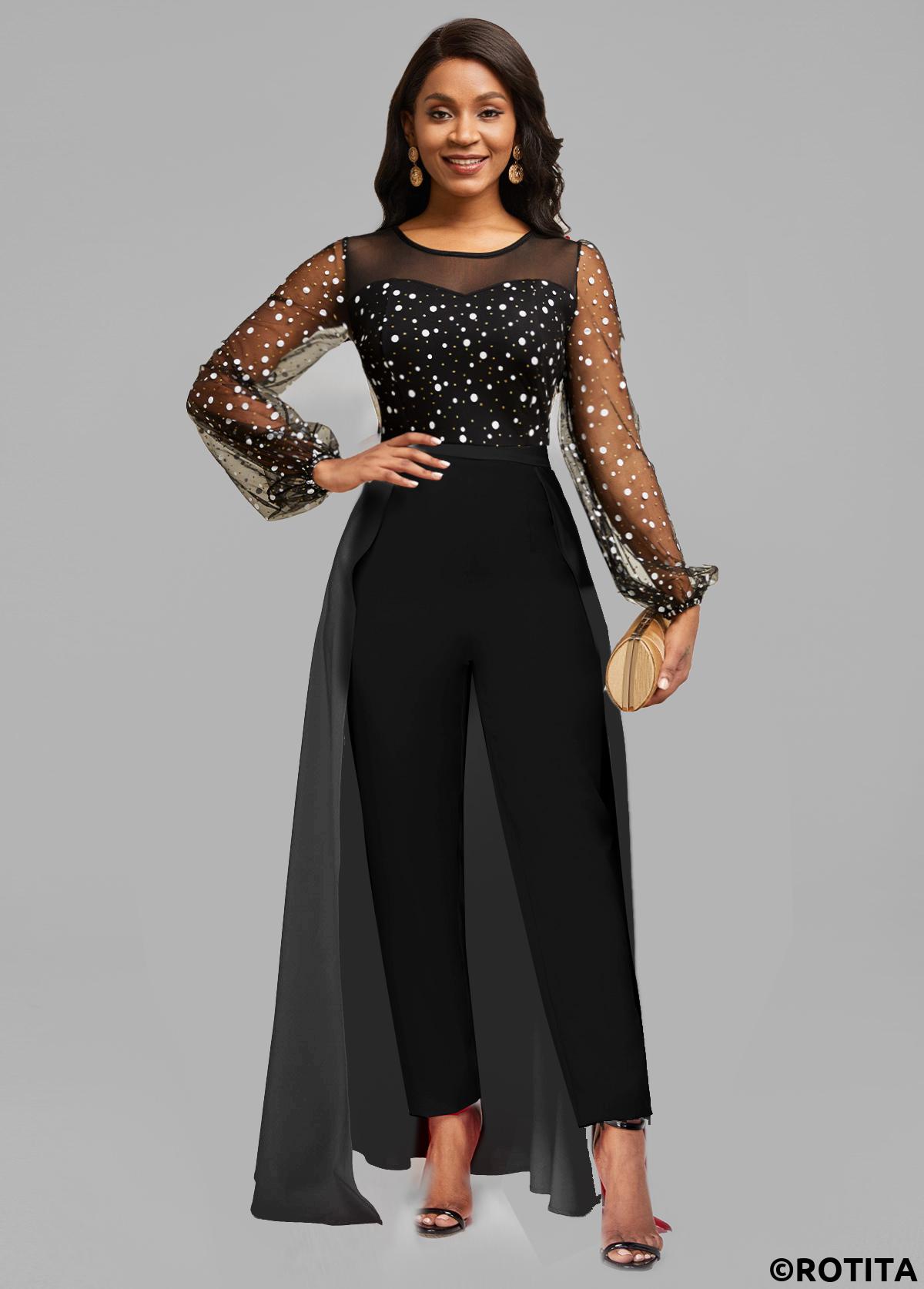 Black jumpsuits&rompers,Dot jumpsuits&rompers,ROTITA Hot Stamping Polka Dot Black Ankle Length Skinny Jumpsuit