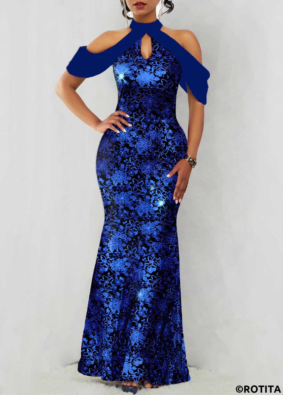Royal Blue dresses,Floral dresses,Party dresses,Elegant dresses,ROTITA Hot Stamping Floral Print Sapphire Blue Maxi Dress