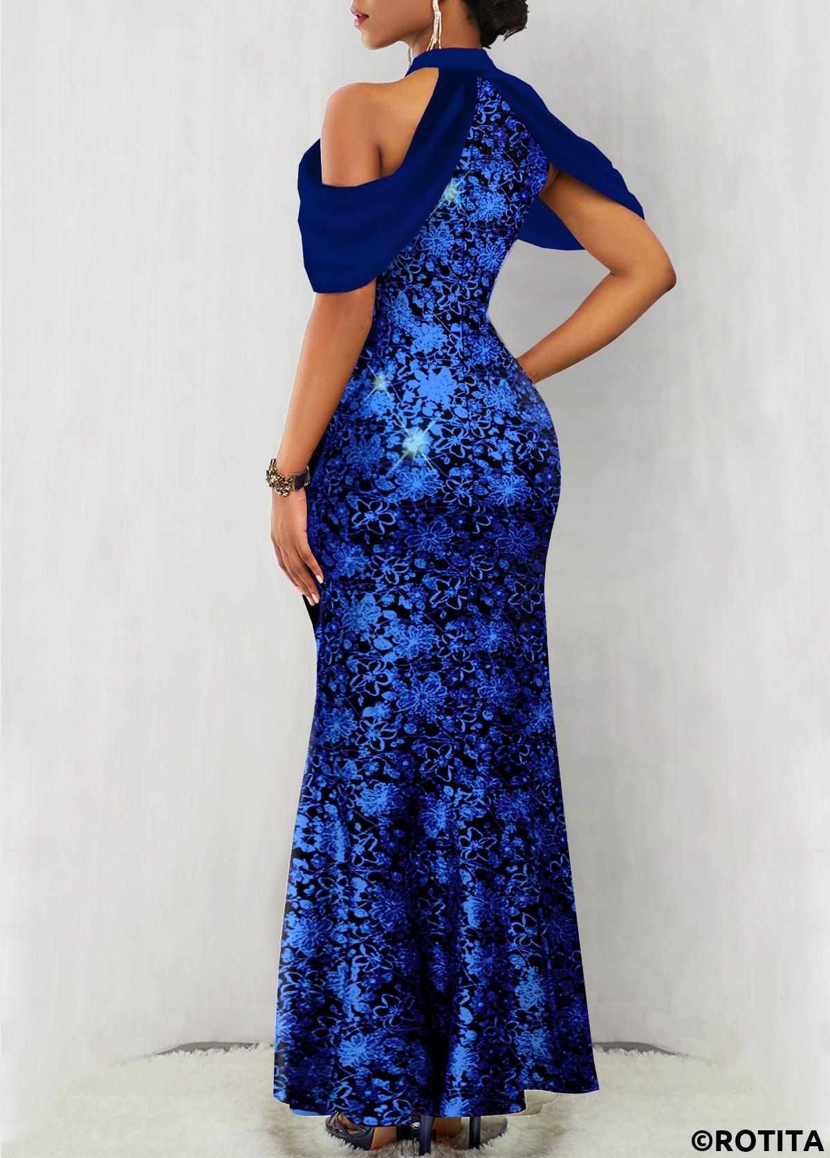 Royal Blue dresses,Floral dresses,Party dresses,Elegant dresses,ROTITA Hot Stamping Floral Print Sapphire Blue Maxi Dress