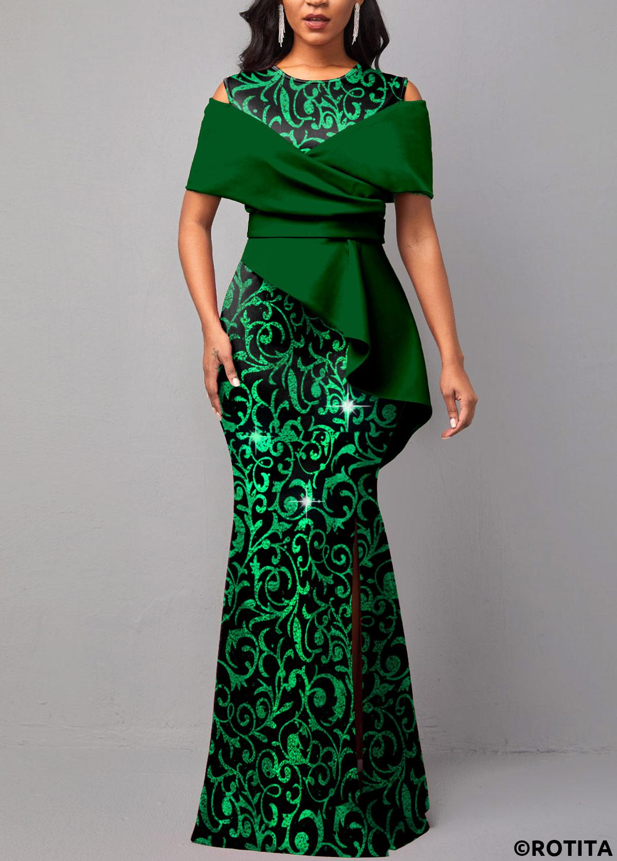 Green dresses,Tribal dresses,Party dresses,Elegant dresses,ROTITA Hot Stamping Floral Print Green Maxi Dress
