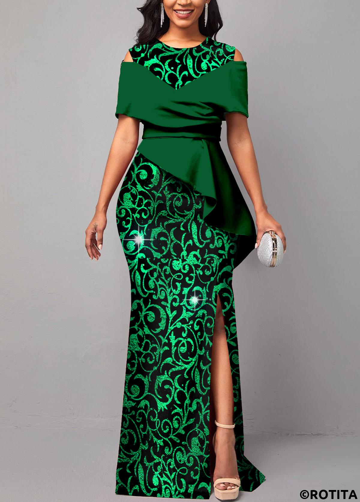 Green dresses,Tribal dresses,Party dresses,Elegant dresses,ROTITA Hot Stamping Floral Print Green Maxi Dress