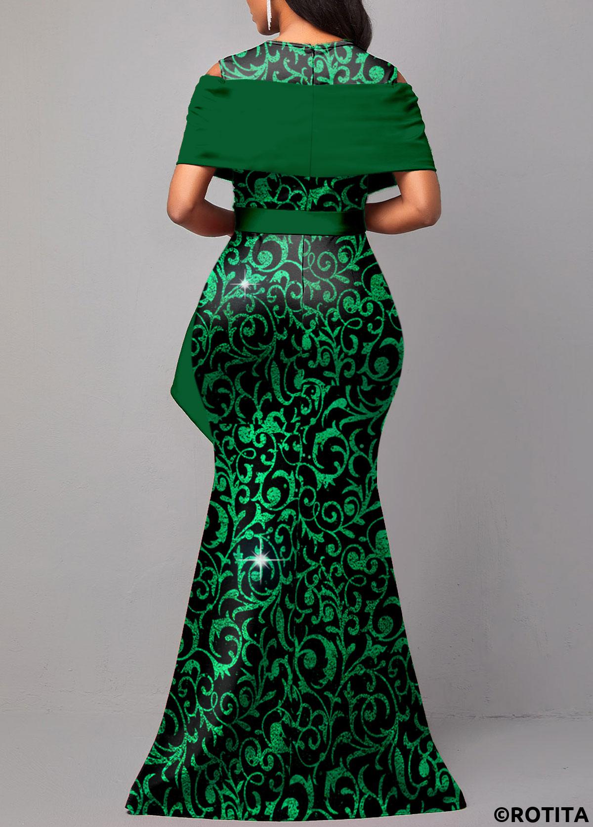 Green dresses,Tribal dresses,Party dresses,Elegant dresses,ROTITA Hot Stamping Floral Print Green Maxi Dress