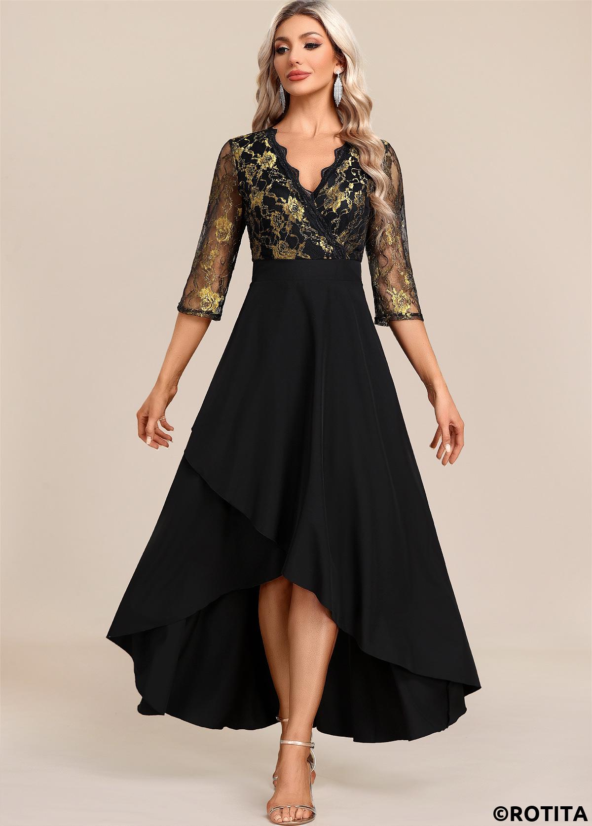 Black dresses,Floral dresses,Party dresses,Elegant dresses,ROTITA Black Floral Lace Patchwork High Low Dress