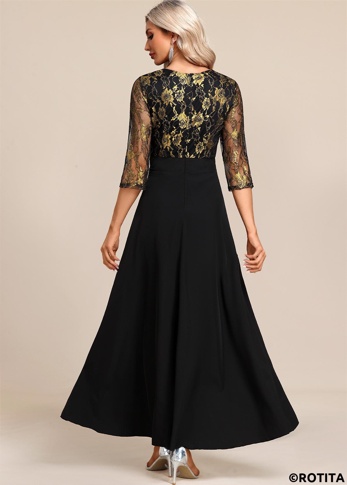 Black dresses,Floral dresses,Party dresses,Elegant dresses,ROTITA Black Floral Lace Patchwork High Low Dress