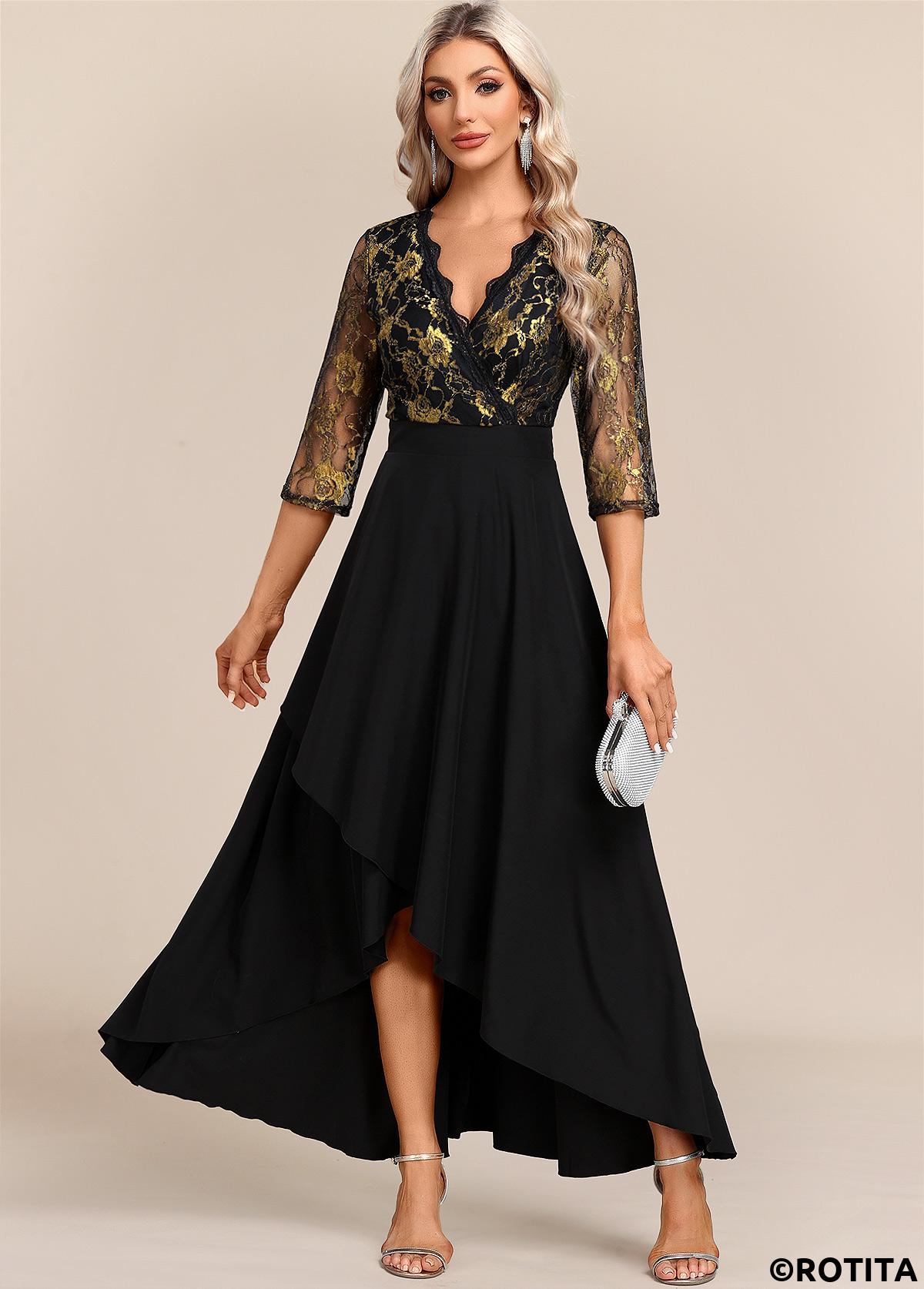 Black dresses,Floral dresses,Party dresses,Elegant dresses,ROTITA Black Floral Lace Patchwork High Low Dress