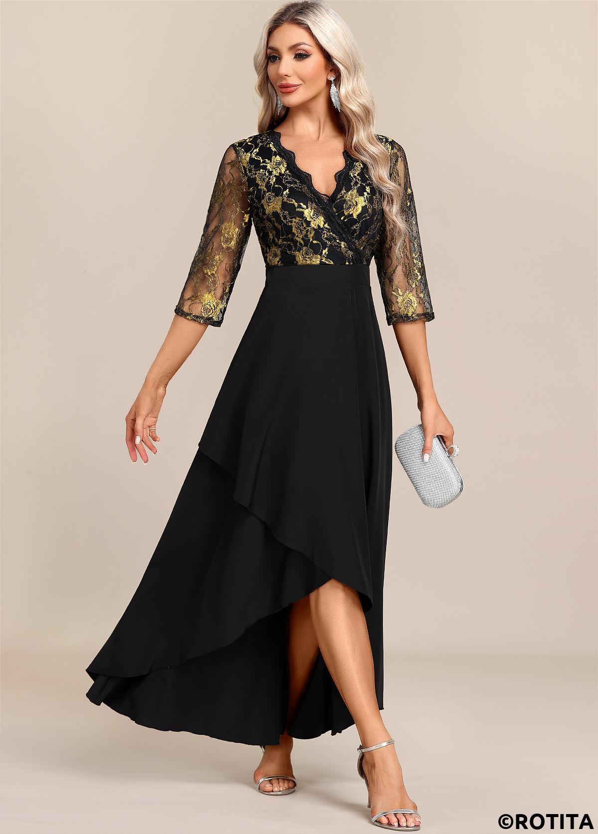 Black dresses,Floral dresses,Party dresses,Elegant dresses,ROTITA Black Floral Lace Patchwork High Low Dress