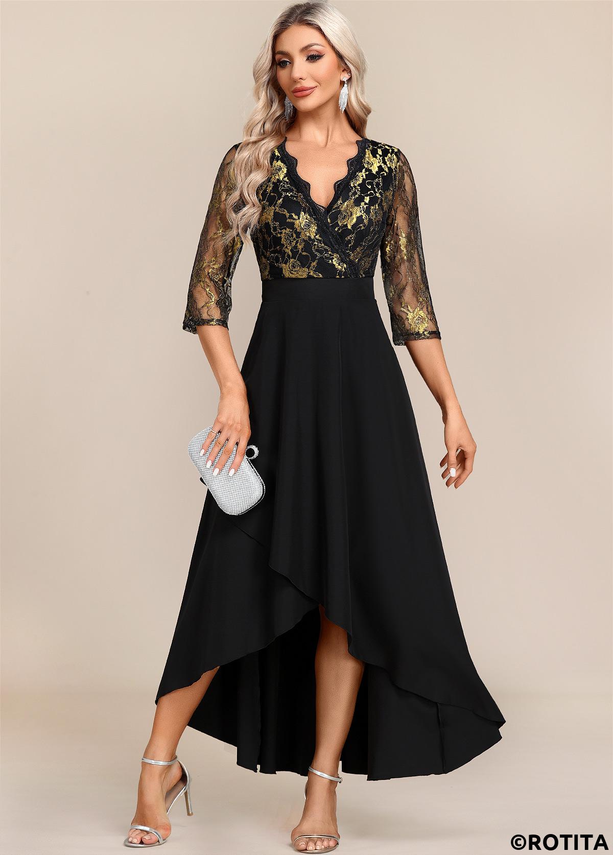 Black dresses,Floral dresses,Party dresses,Elegant dresses,ROTITA Black Floral Lace Patchwork High Low Dress