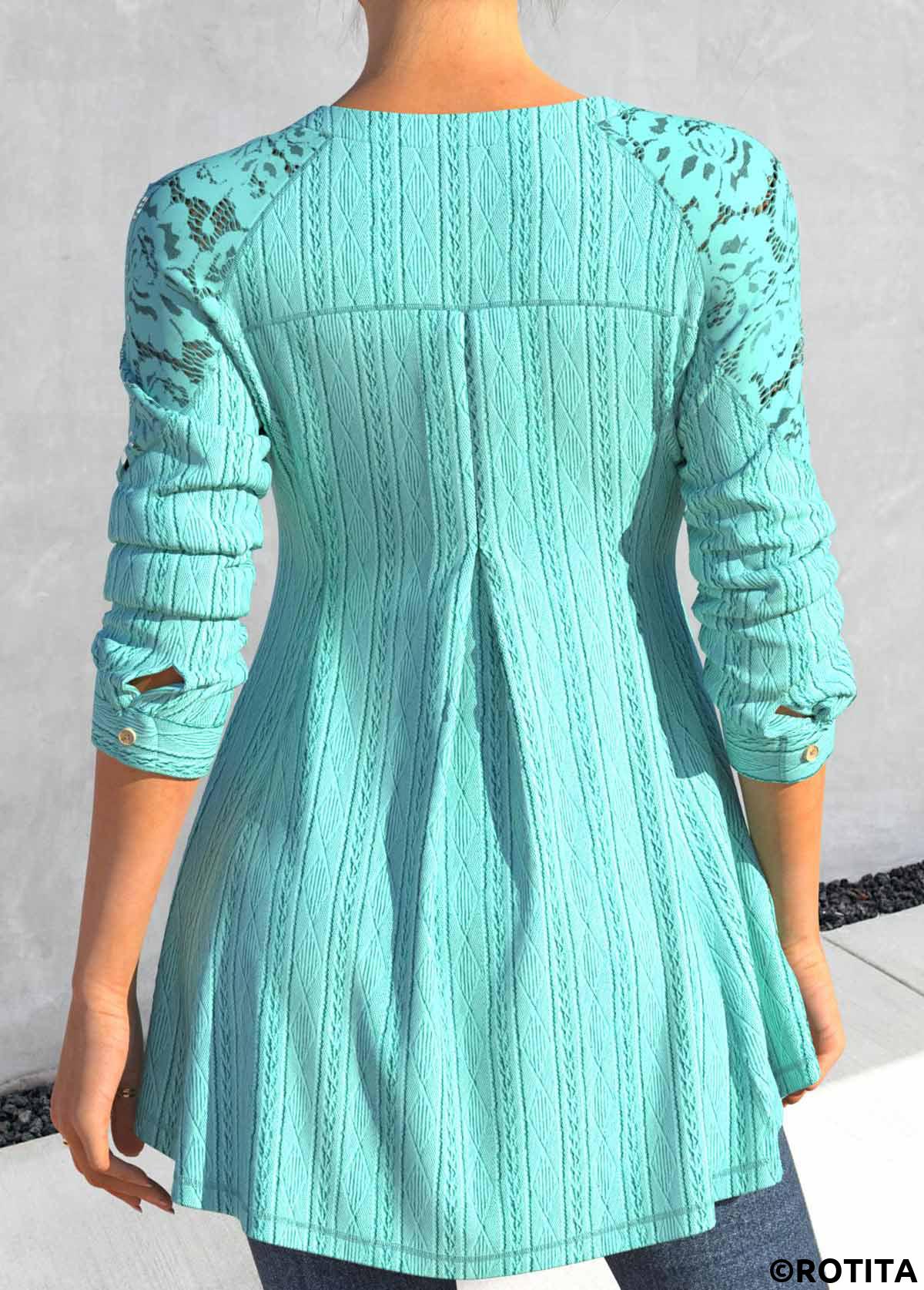 Cyan tops,Plain Color tops,ROTITA Green V Neck Long Sleeve Blouse