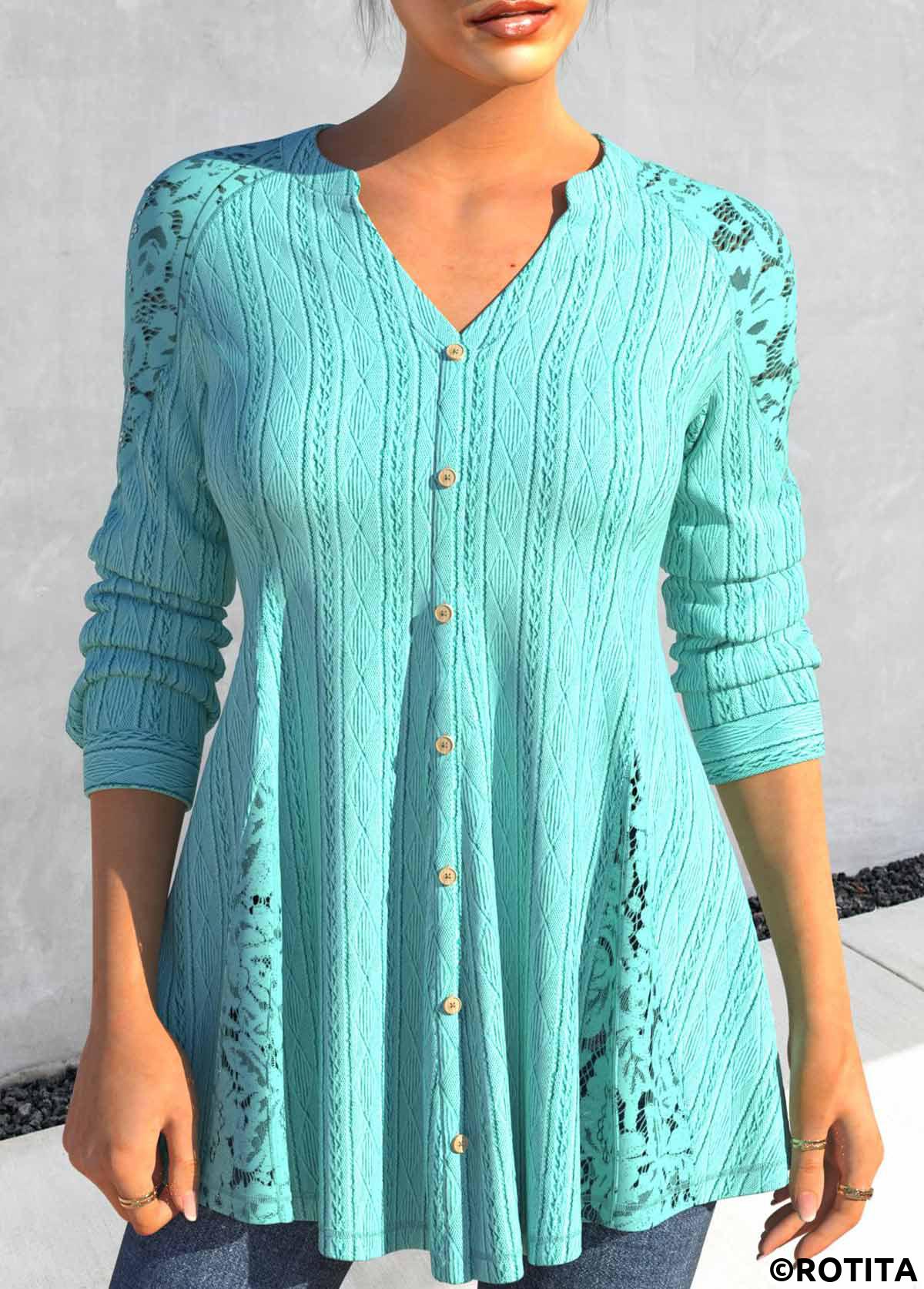 Cyan tops,Plain Color tops,ROTITA Green V Neck Long Sleeve Blouse