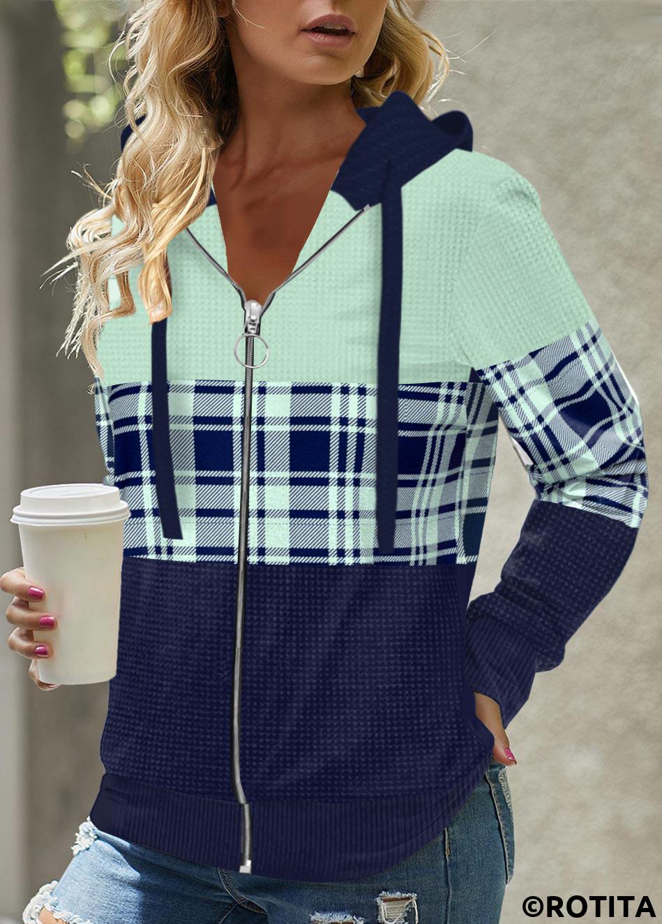 Mint Green tops,Plaid tops,Geometric tops,Striped tops,ROTITA Zipper Plaid Mint Green Long Sleeve Hoodie