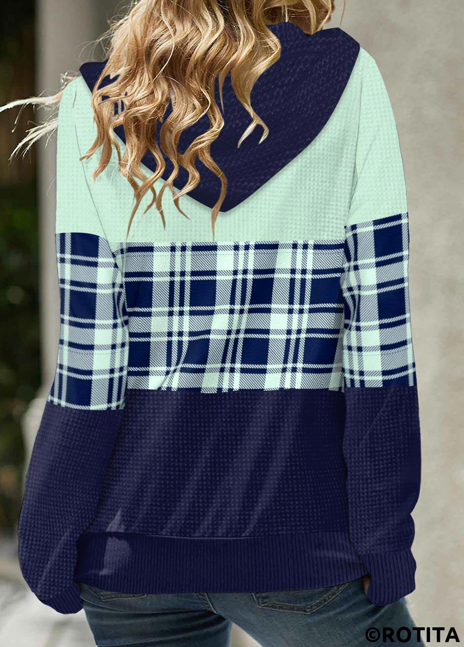 Mint Green tops,Plaid tops,Geometric tops,Striped tops,ROTITA Zipper Plaid Mint Green Long Sleeve Hoodie