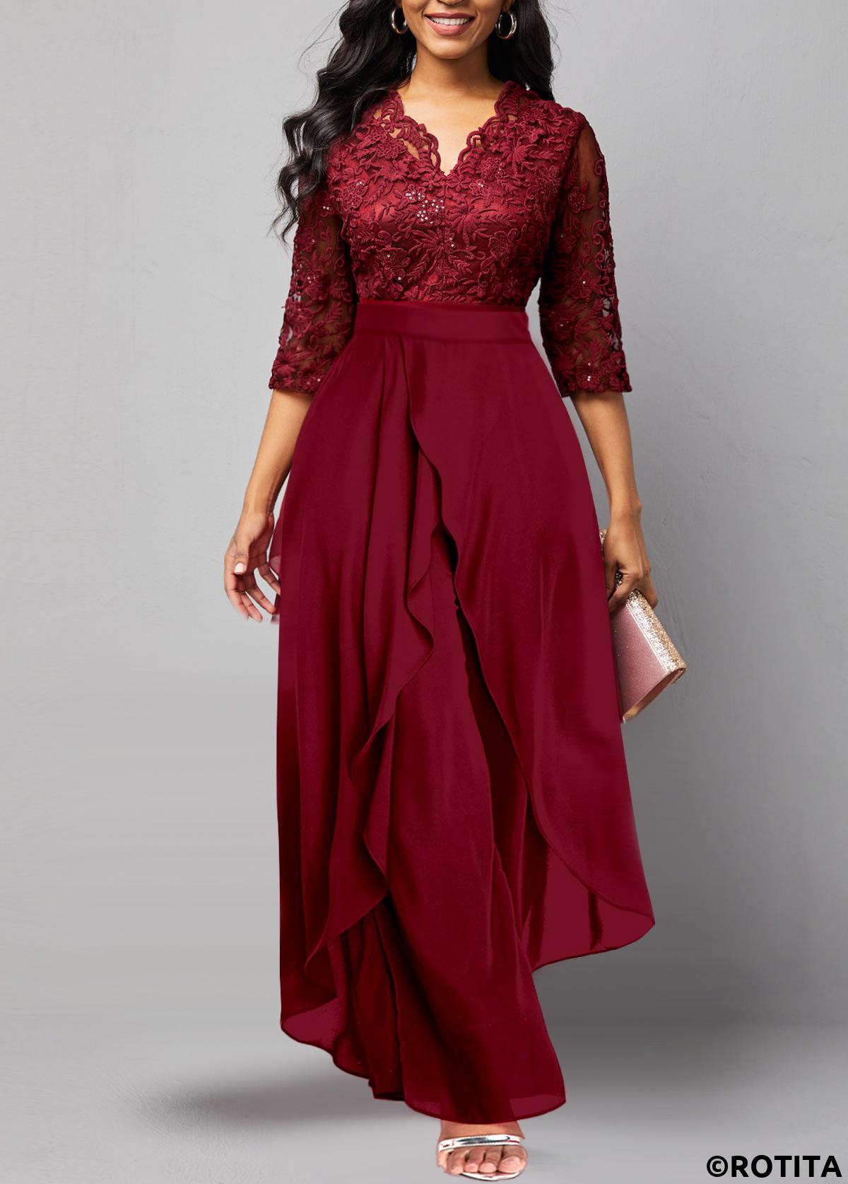 Wine Red jumpsuits&rompers,Plain Color jumpsuits&rompers,ROTITA Asymmetry Wine Red Long Wide Leg V Neck Jumpsuit
