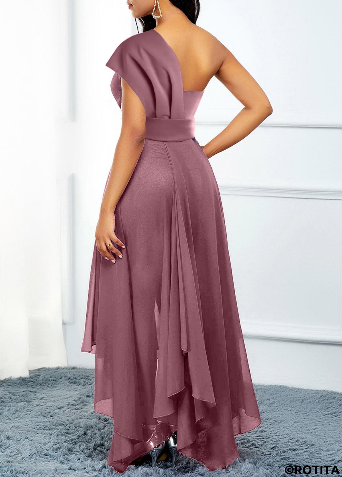 Dusty Pink dresses,Plain Color dresses,Party dresses,Elegant dresses,ROTITA Asymmetric Hem Dusty Pink Belted High Low Dress