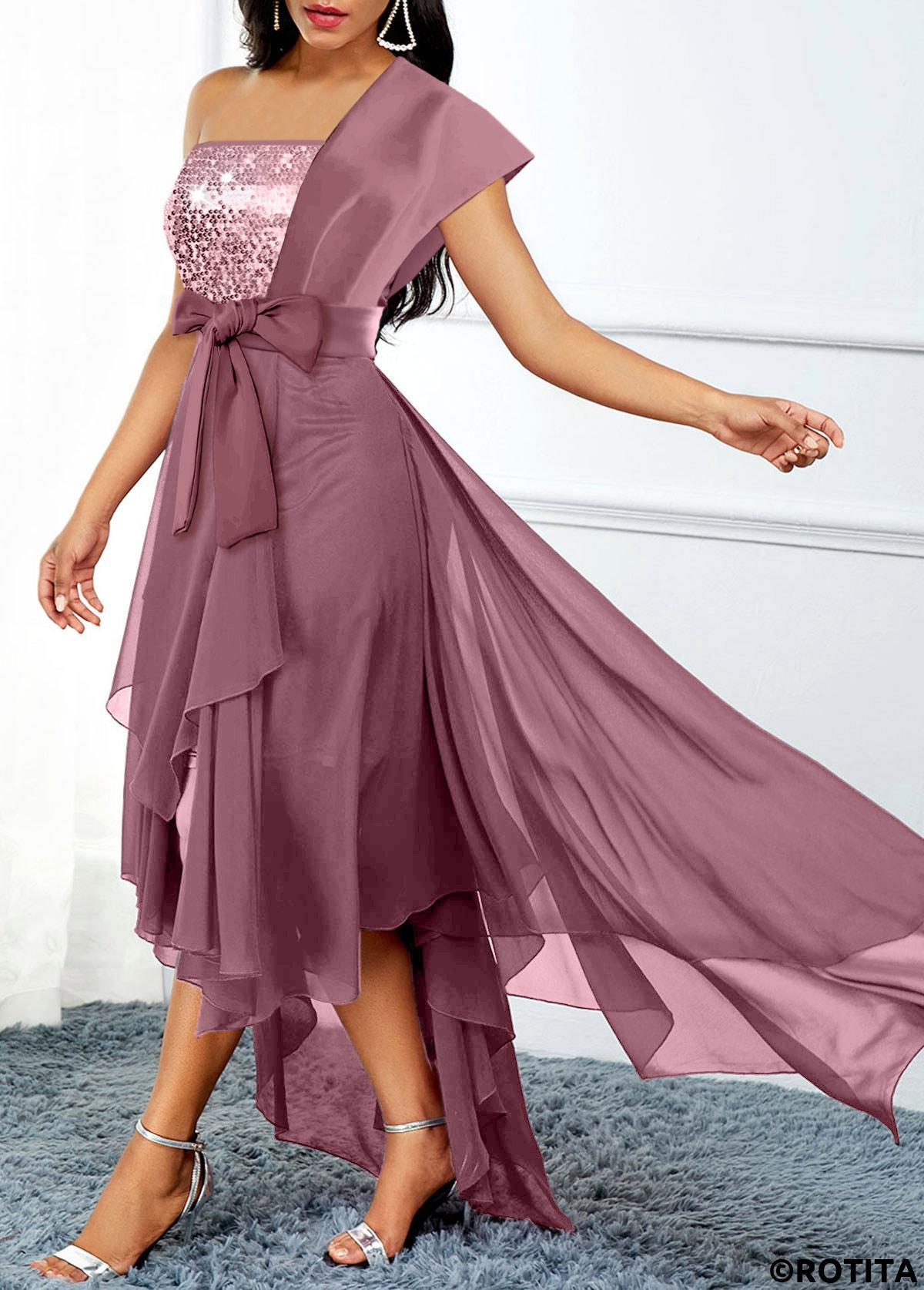 Dusty Pink dresses,Plain Color dresses,Party dresses,Elegant dresses,ROTITA Asymmetric Hem Dusty Pink Belted High Low Dress