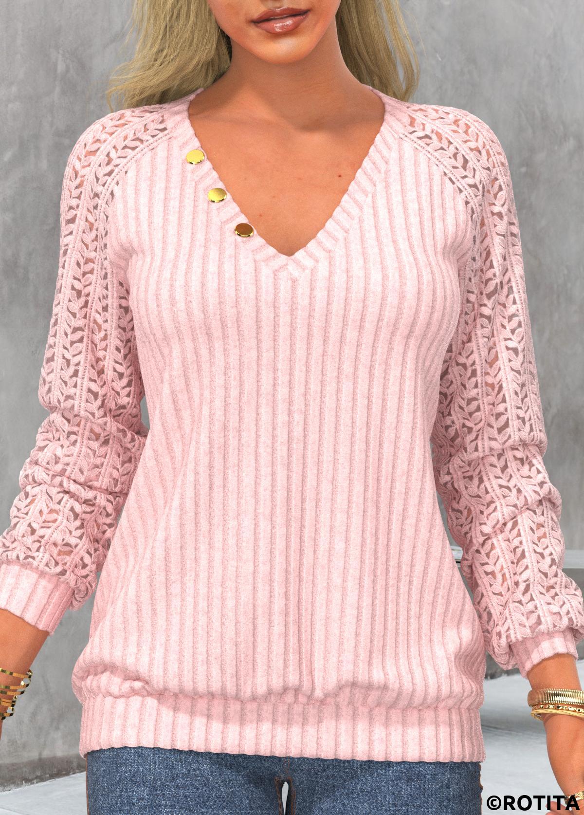 Light Pink tops,Plain Color tops,ROTITA Light Pink V Neck Long Sleeve Sweatshirt