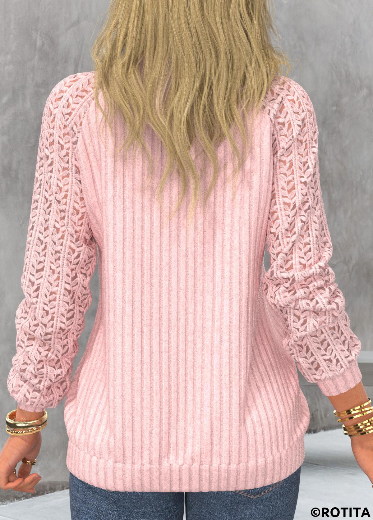 Light Pink tops,Plain Color tops,ROTITA Light Pink V Neck Long Sleeve Sweatshirt