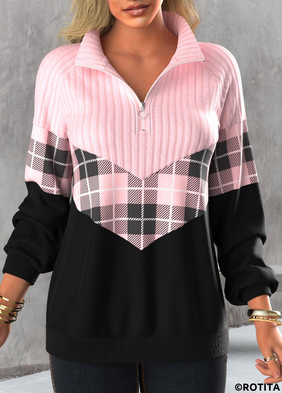 Light Pink tops,Plaid tops,Striped tops,Geometric tops,ROTITA Zipper Tartan Print Light Pink Stand Collar Sweatshirt