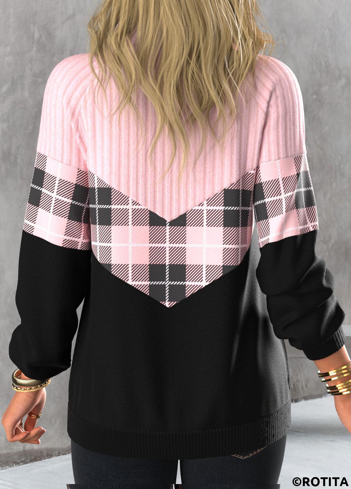 Light Pink tops,Plaid tops,Striped tops,Geometric tops,ROTITA Zipper Tartan Print Light Pink Stand Collar Sweatshirt