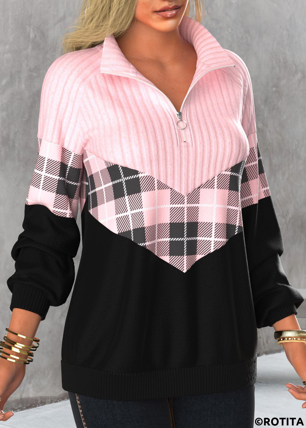 Light Pink tops,Plaid tops,Striped tops,Geometric tops,ROTITA Zipper Tartan Print Light Pink Stand Collar Sweatshirt