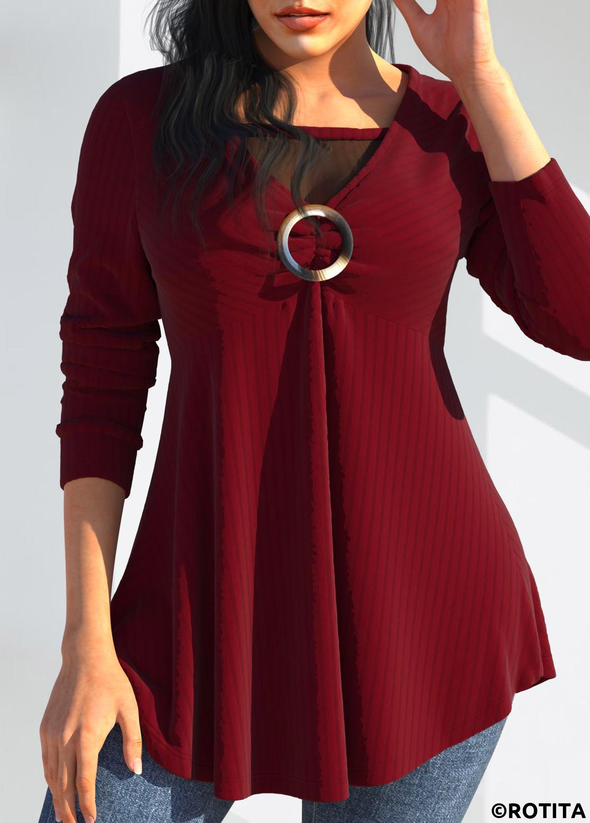 Wine Red tops,Plain Color tops,ROTITA Mesh Stitching Wine Red Long Sleeve T Shirt