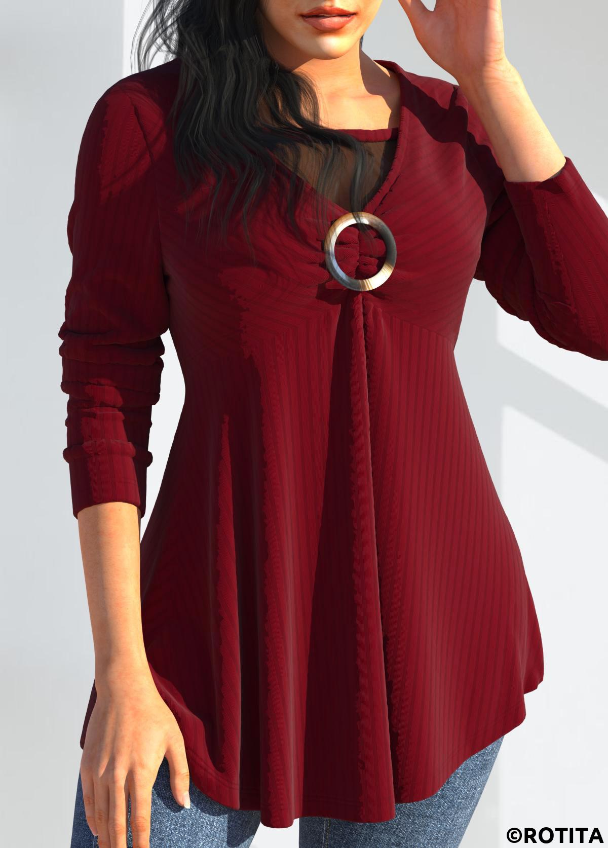 Wine Red tops,Plain Color tops,ROTITA Mesh Stitching Wine Red Long Sleeve T Shirt