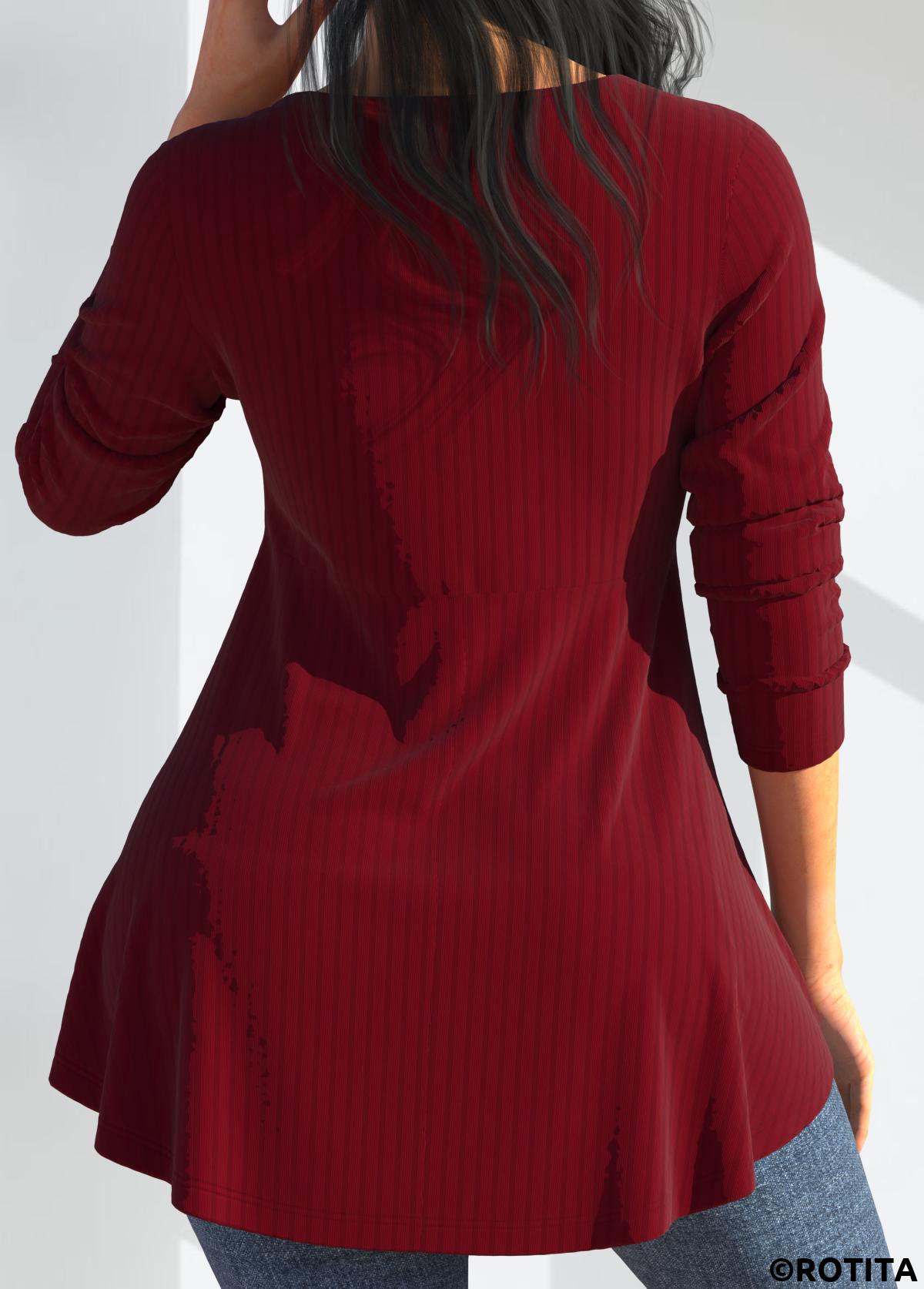Wine Red tops,Plain Color tops,ROTITA Mesh Stitching Wine Red Long Sleeve T Shirt