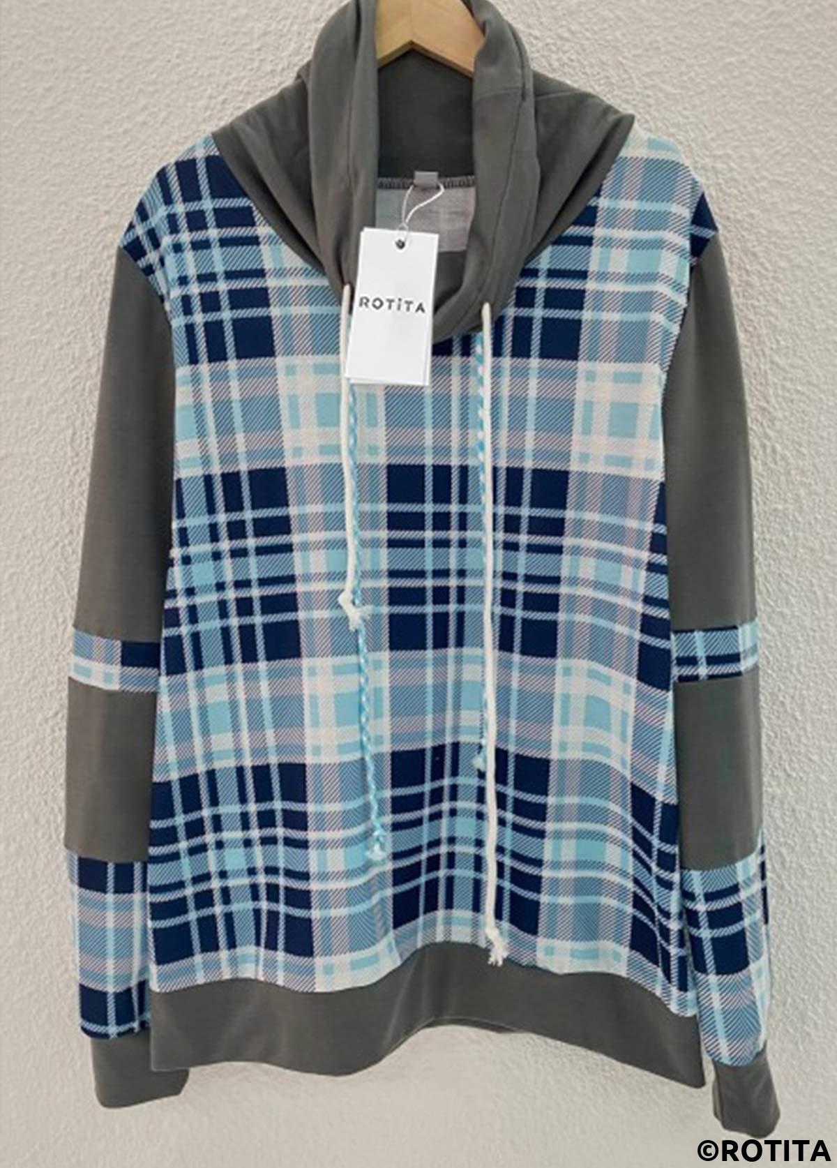 Light Blue tops,Plaid tops,Striped tops,Geometric tops,ROTITA Tartan Print Light Blue Cowl Neck Sweatshirt
