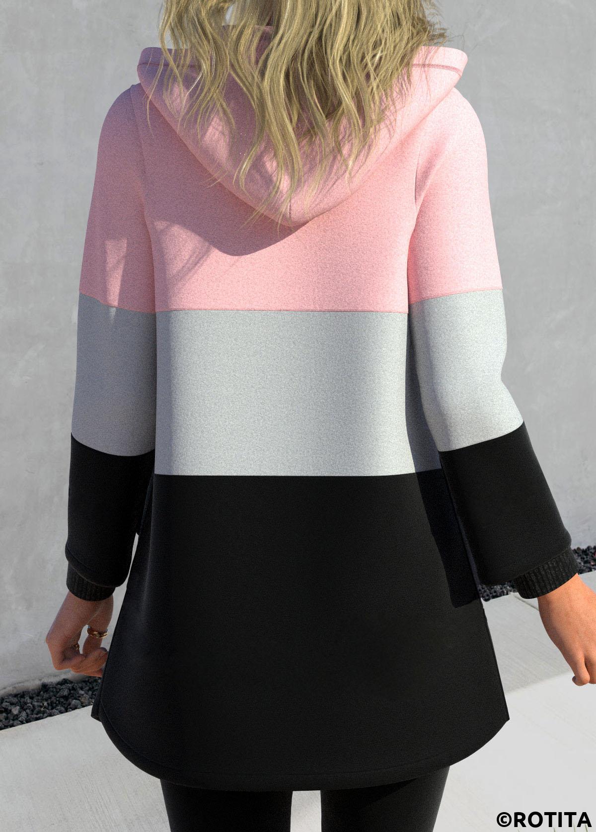 Pink tops,Contrast Color tops,ROTITA Zipper Contrast Color Pink Hooded Long Sleeve Jacket