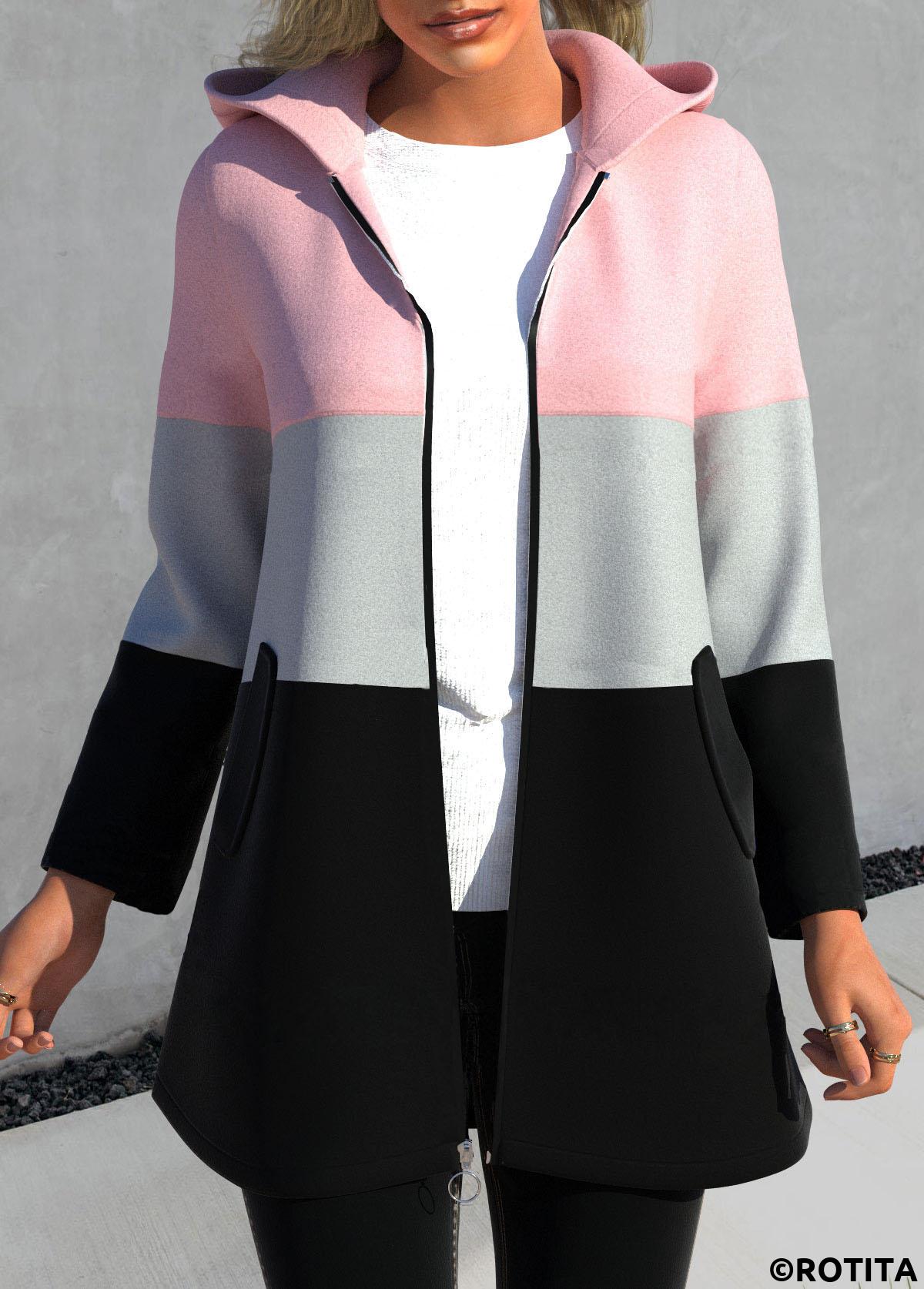 Pink tops,Contrast Color tops,ROTITA Zipper Contrast Color Pink Hooded Long Sleeve Jacket