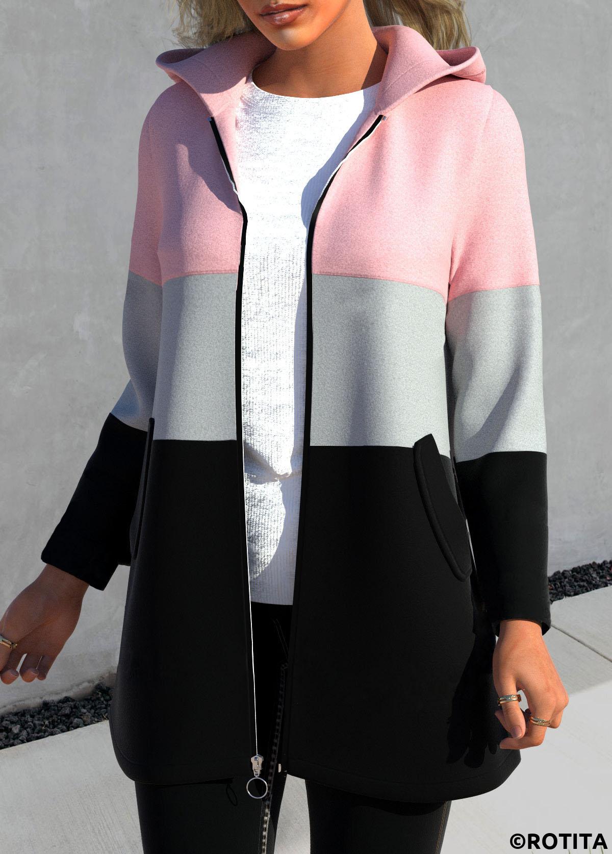 Pink tops,Contrast Color tops,ROTITA Zipper Contrast Color Pink Hooded Long Sleeve Jacket
