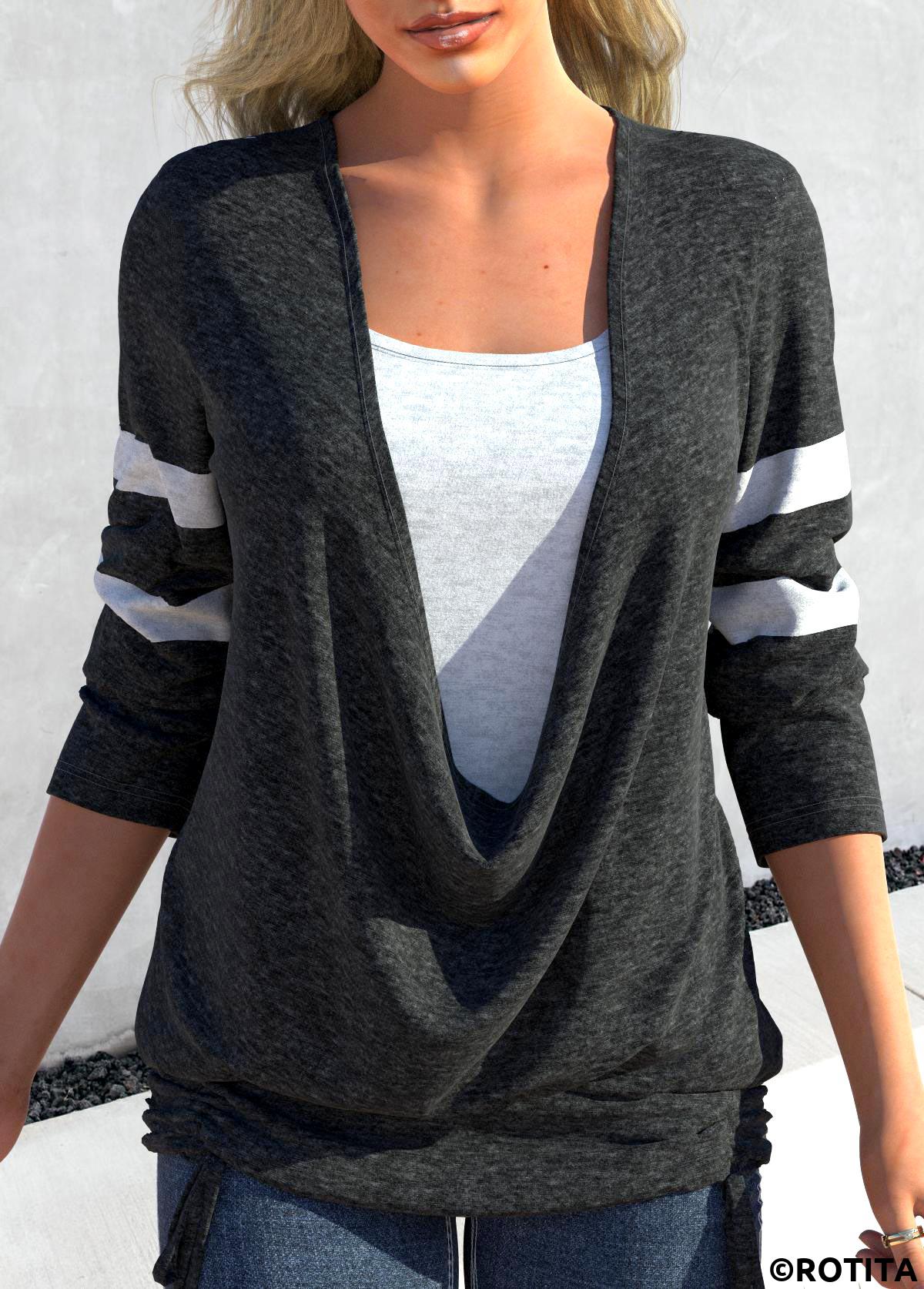 Dark Grey Marl tops,Contrast Color tops,ROTITA Dark Grey Marl Blouse