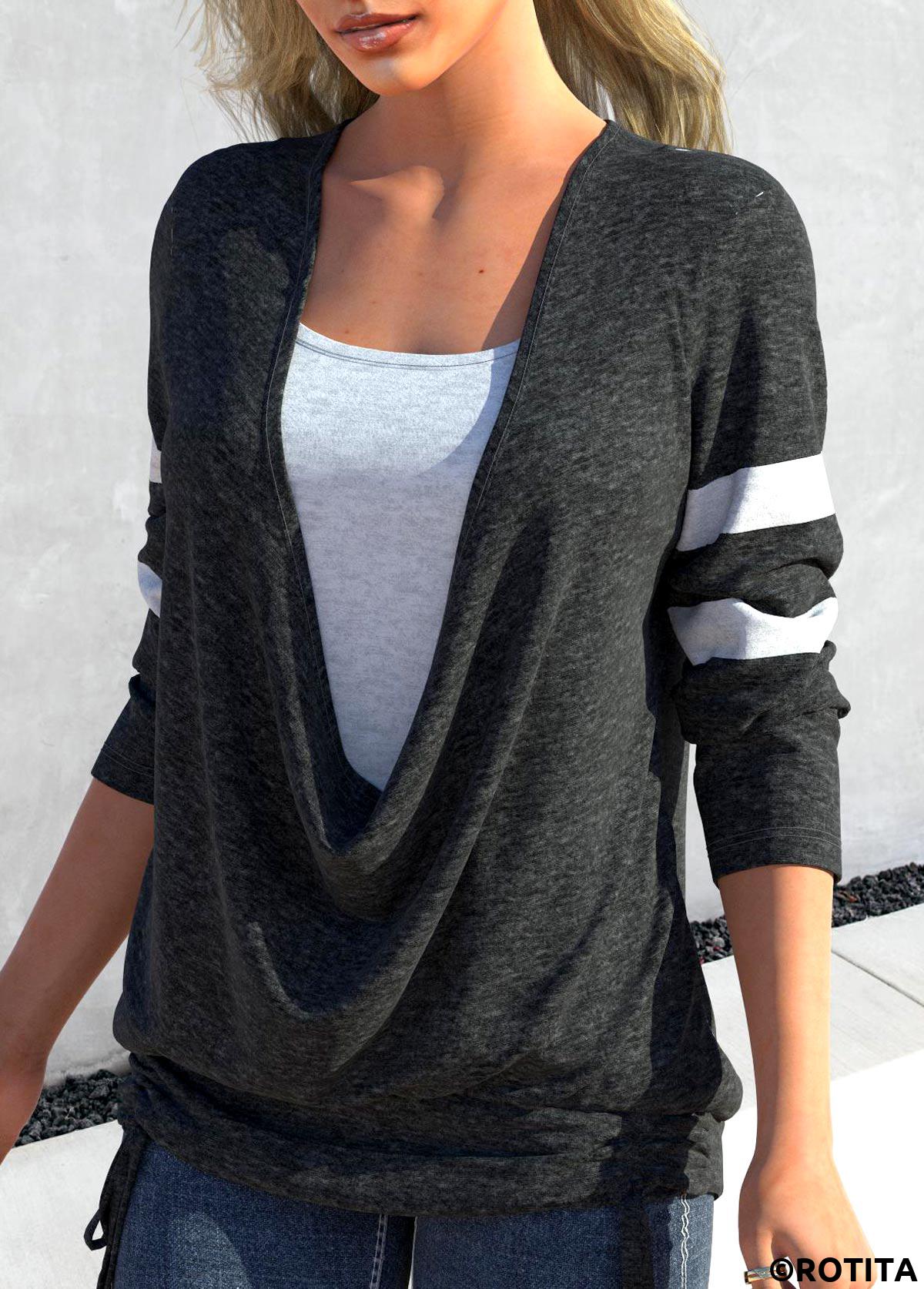 Dark Grey Marl tops,Contrast Color tops,ROTITA Dark Grey Marl Blouse