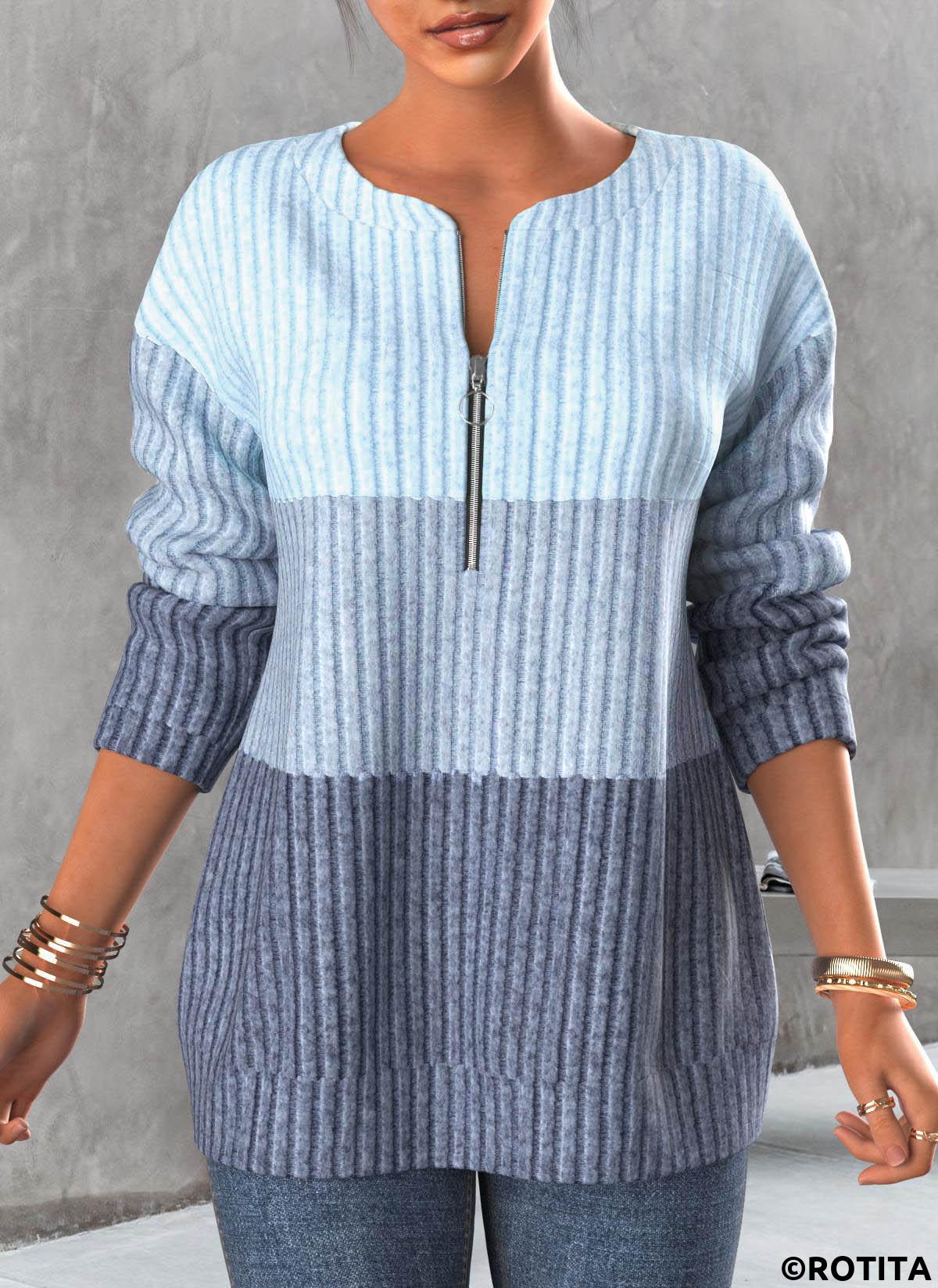 Light Blue tops,Contrast Color tops,ROTITA Zipper Contrast Light Blue Round Neck Sweatshirt