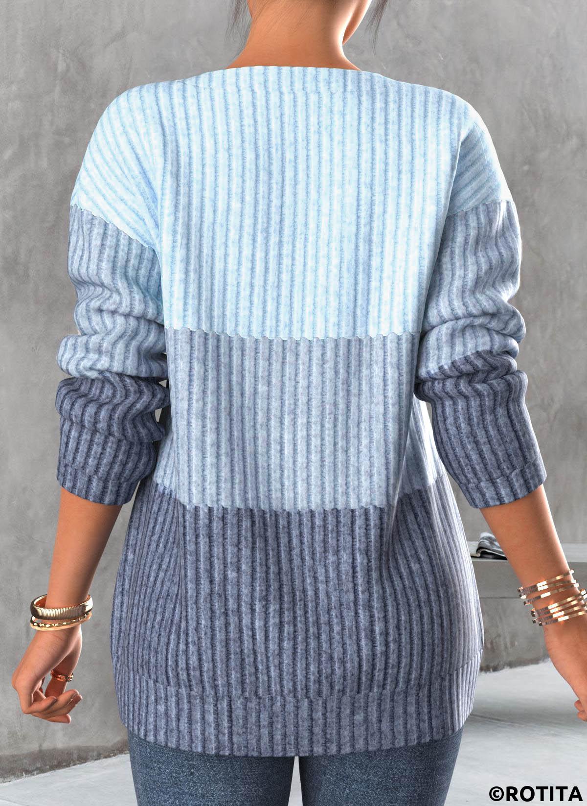 Light Blue tops,Contrast Color tops,ROTITA Zipper Contrast Light Blue Round Neck Sweatshirt
