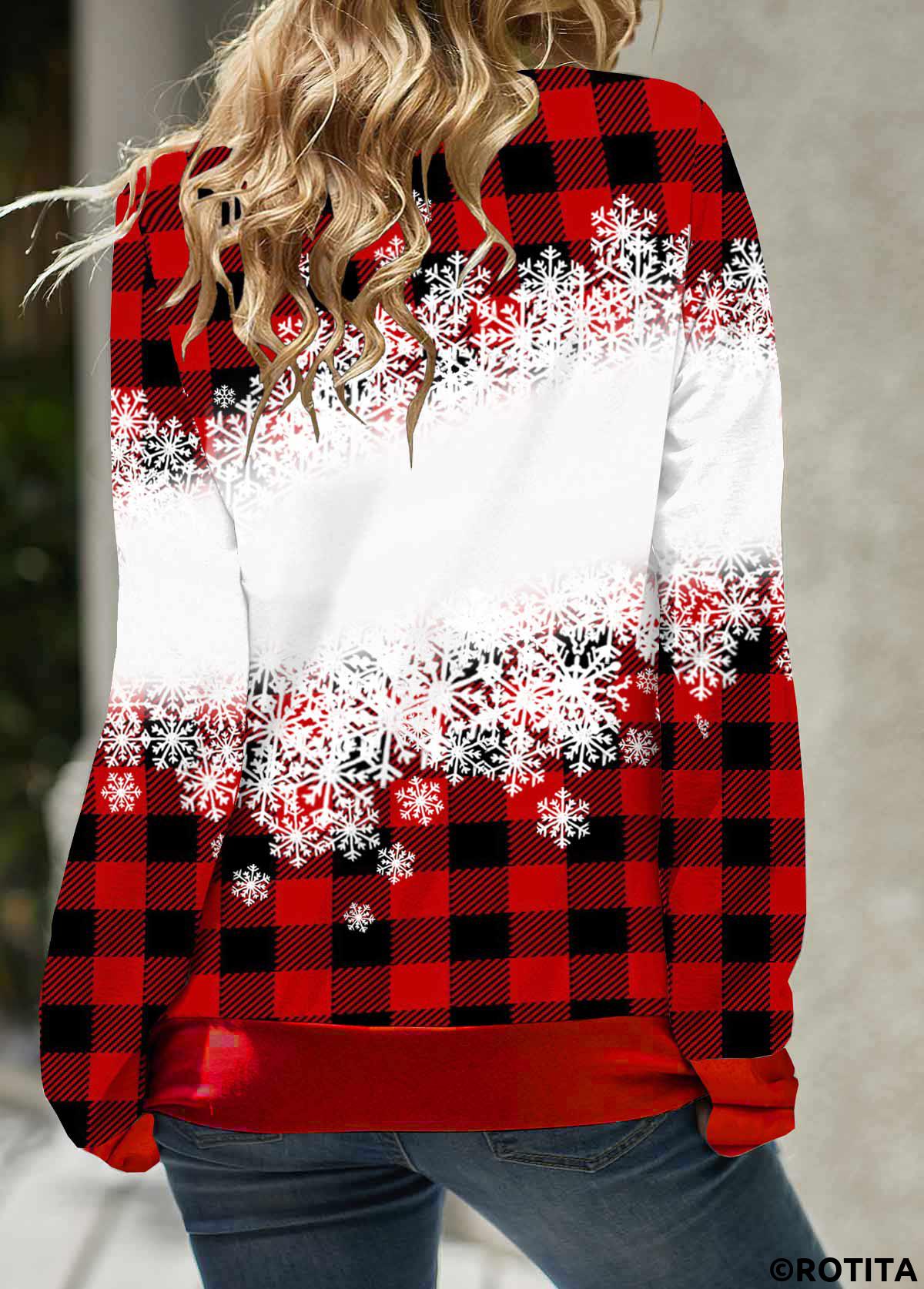 Red plus size,Christmas plus size,ROTITA Plus Size Drawstring Red Christmas Print Sweatshirt