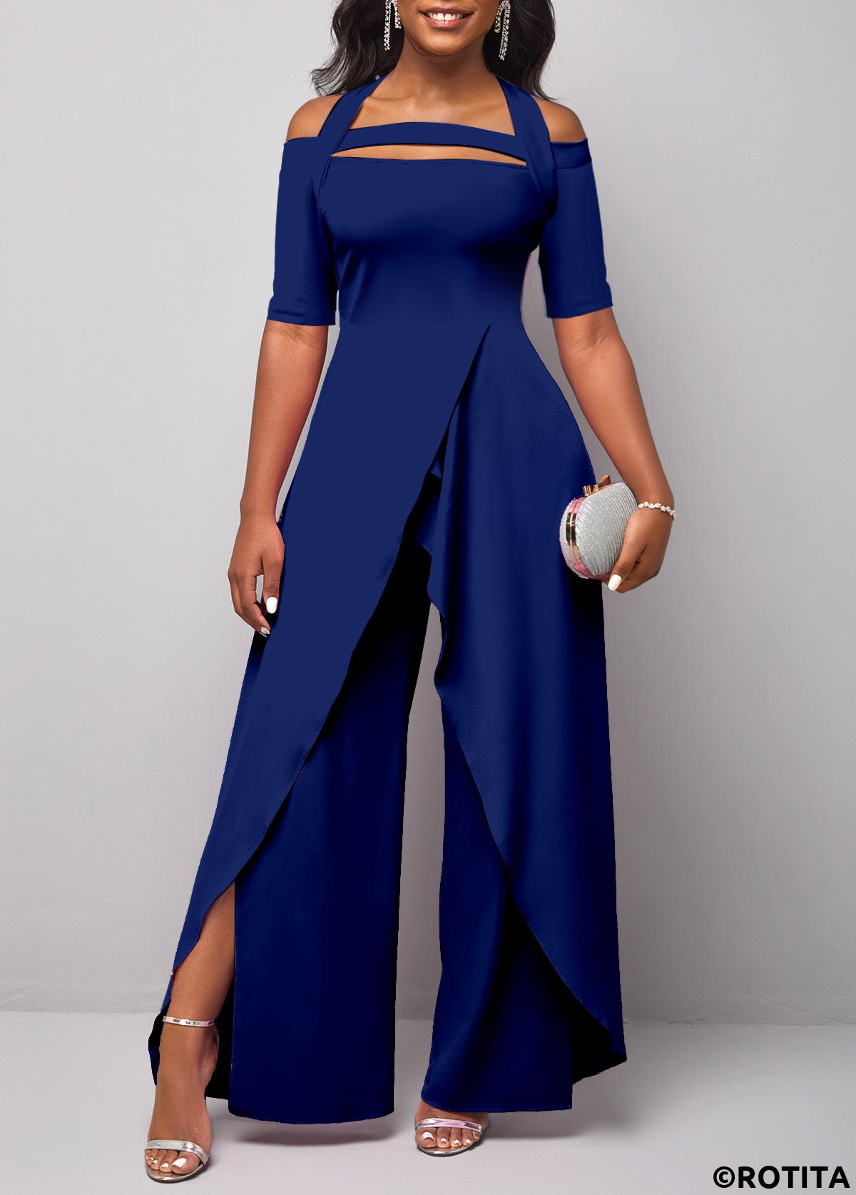 Navy jumpsuits&rompers,Plain Color jumpsuits&rompers,ROTITA Cut Out Navy Long Wide Leg Halter Jumpsuit