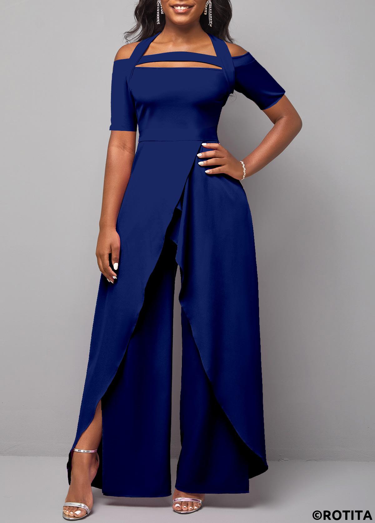 Navy jumpsuits&rompers,Plain Color jumpsuits&rompers,ROTITA Cut Out Navy Long Wide Leg Halter Jumpsuit