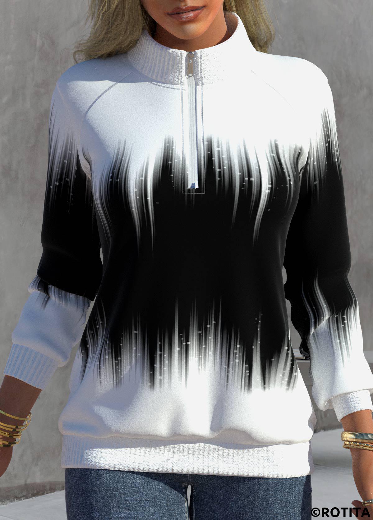 Black tops,Ombre tops,ROTITA Zipper Ombre Black High Neck Long Sleeve Sweatshirt