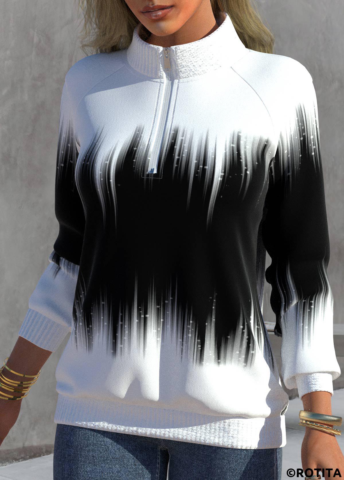 Black tops,Ombre tops,ROTITA Zipper Ombre Black High Neck Long Sleeve Sweatshirt