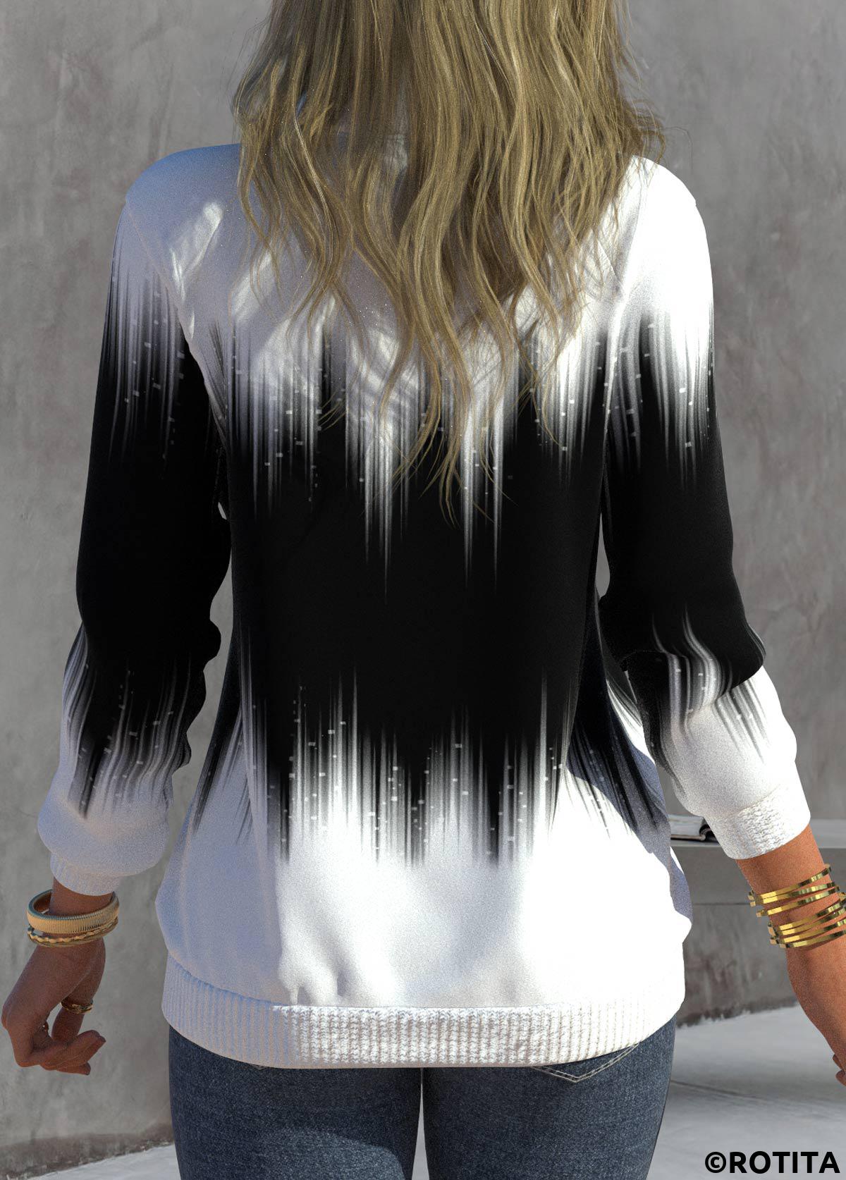 Black tops,Ombre tops,ROTITA Zipper Ombre Black High Neck Long Sleeve Sweatshirt