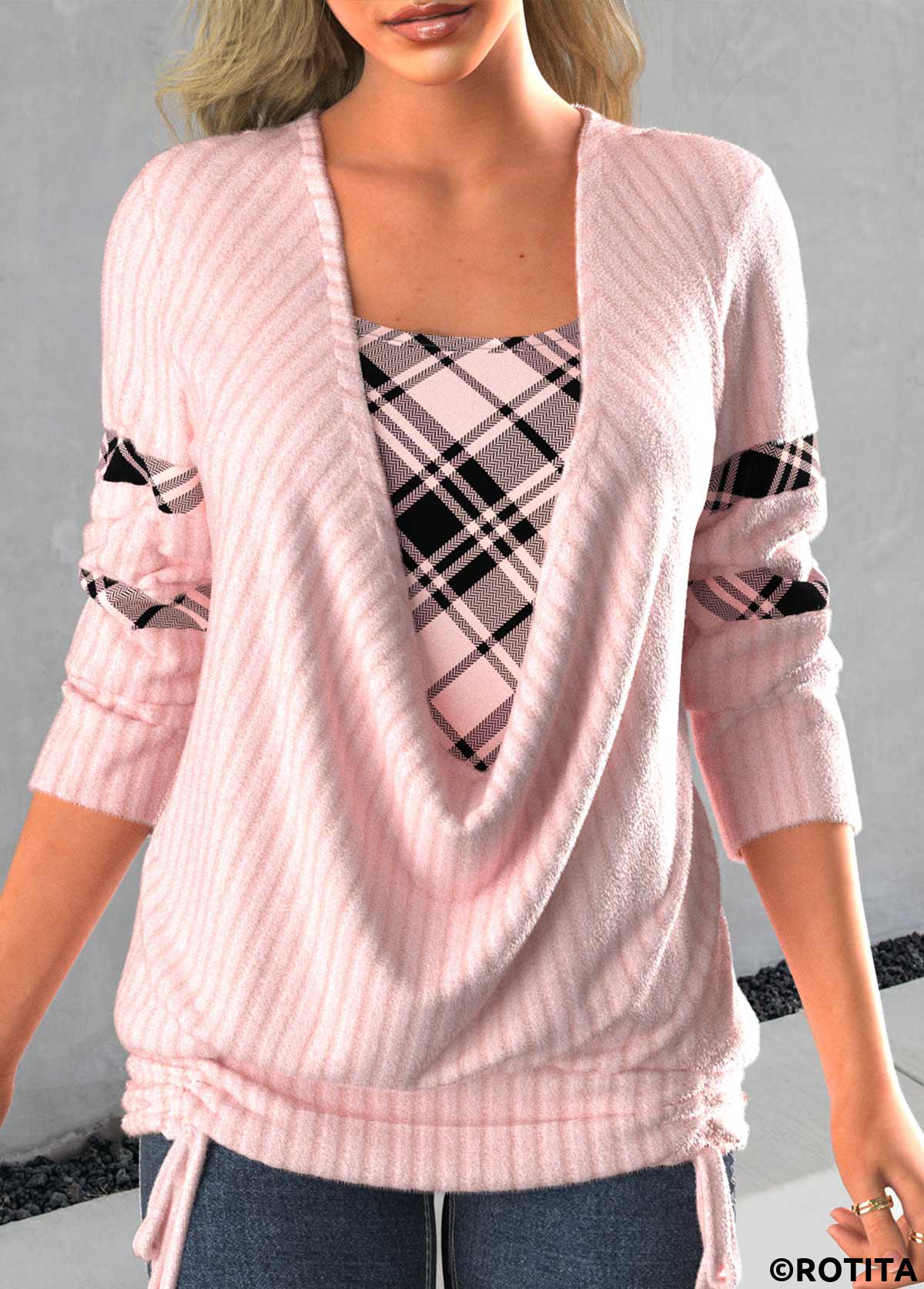 Light Pink tops,Plaid tops,Geometric tops,ROTITA Tie Side Light Pink Faux Two Piece Sweatshirt