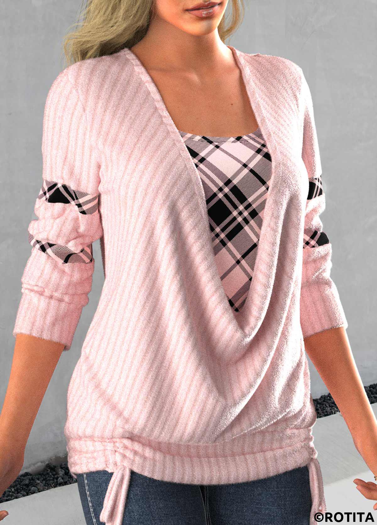 Light Pink tops,Plaid tops,Geometric tops,ROTITA Tie Side Light Pink Faux Two Piece Sweatshirt