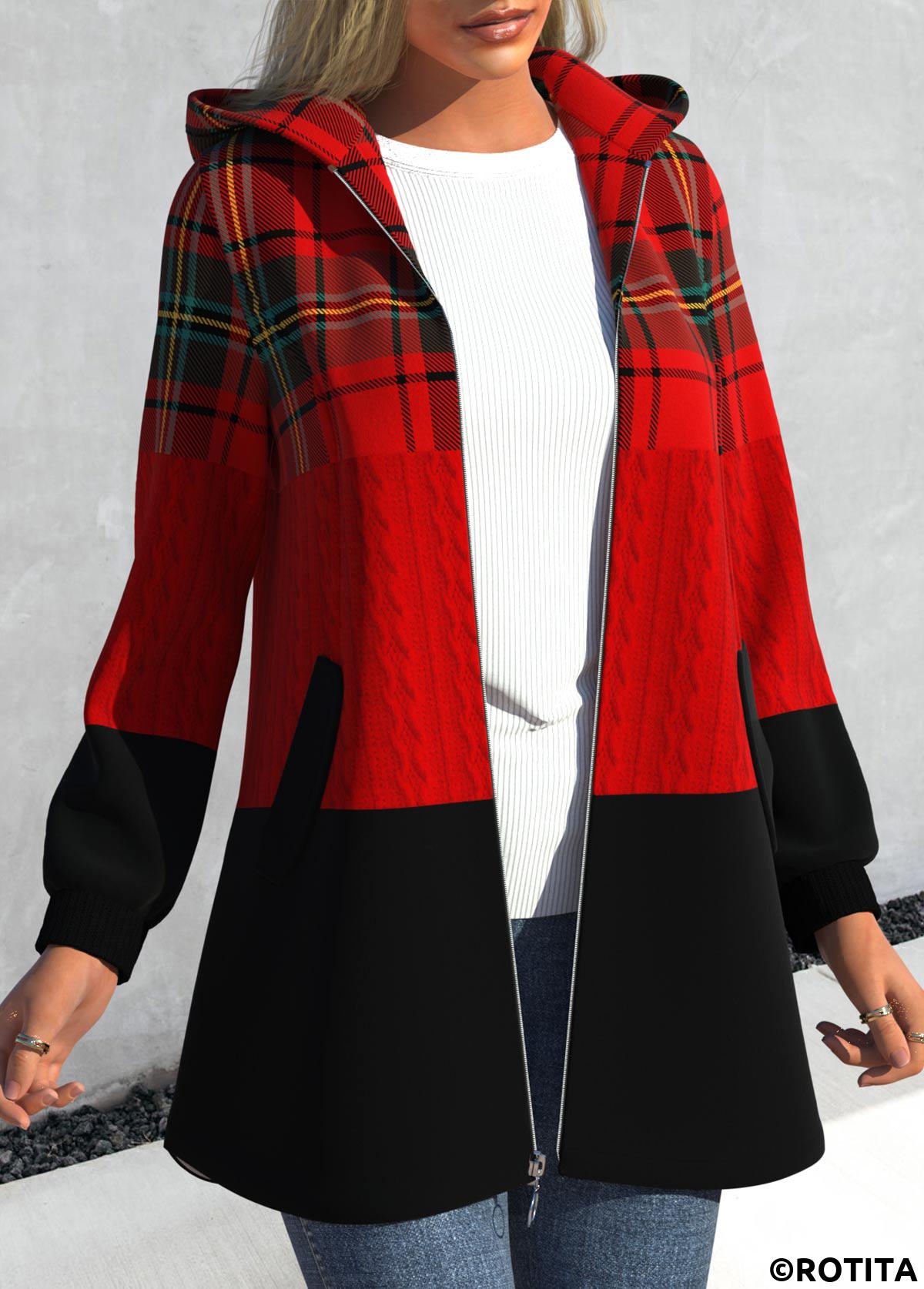 Red tops,Plaid tops,Geometric tops,Striped tops,ROTITA Zipper Plaid Red Hooded Long Sleeve Jacket