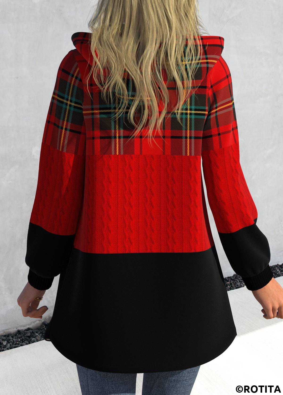 Red tops,Plaid tops,Geometric tops,Striped tops,ROTITA Zipper Plaid Red Hooded Long Sleeve Jacket