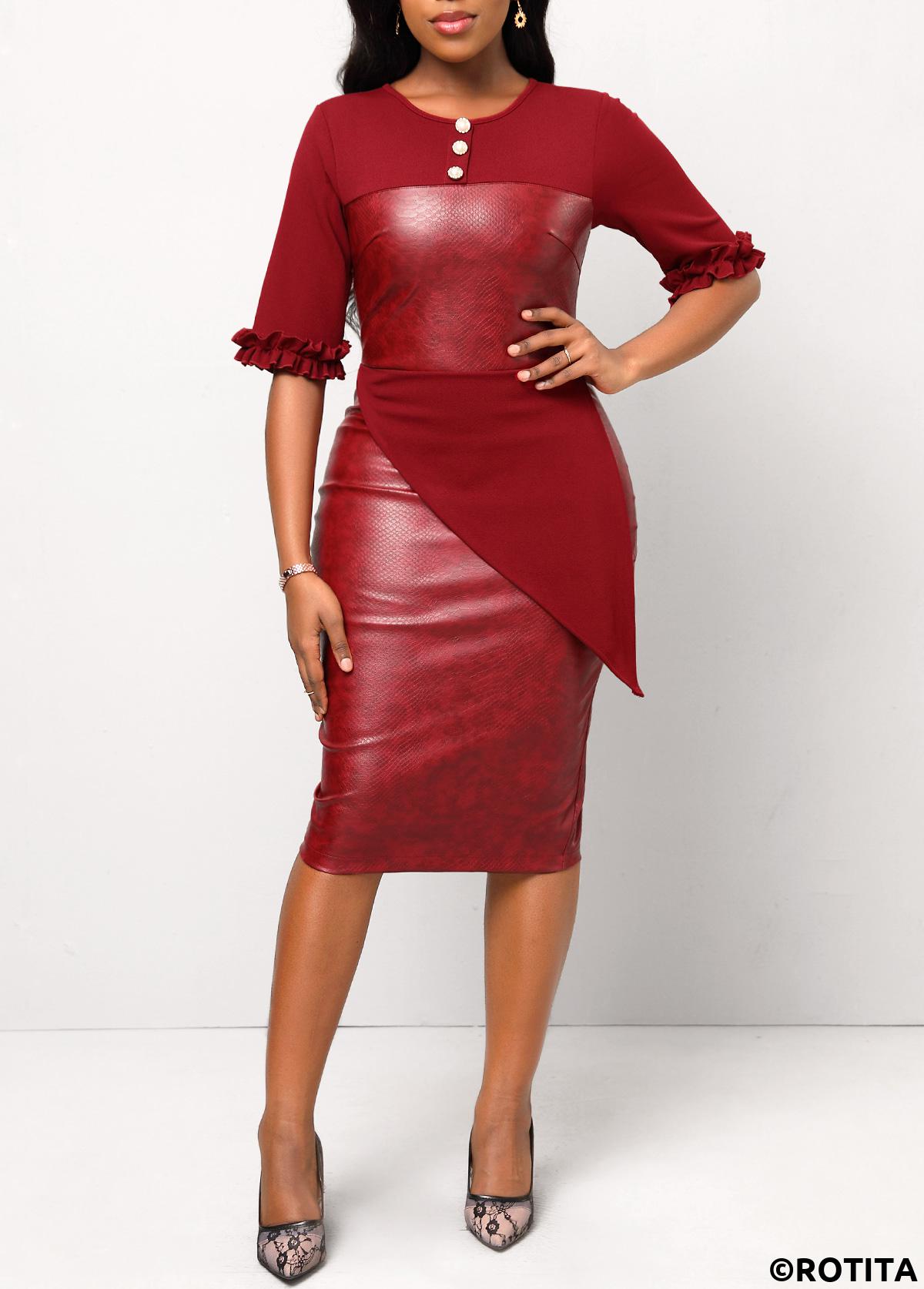 Wine Red dresses,Plain Color dresses,Wear to Work dresses,Work dresses,ROTITA Wine Red Frill Half Sleeve Button Dress