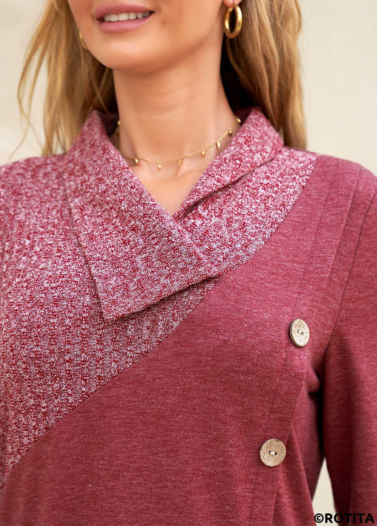 Dark Reddish Purple tops,Plain Color tops,ROTITA Button Dark Reddish Purple V Neck Sweatshirt