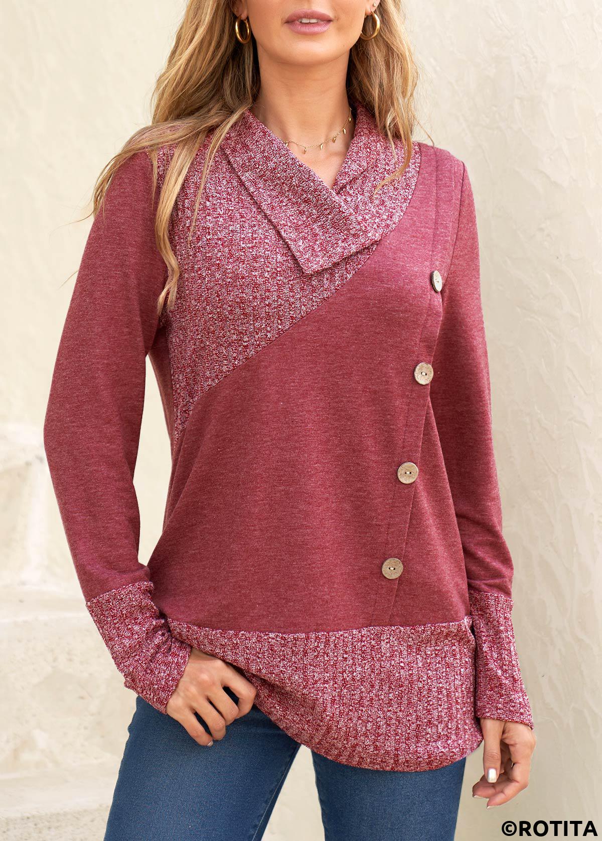 Dark Reddish Purple tops,Plain Color tops,ROTITA Button Dark Reddish Purple V Neck Sweatshirt