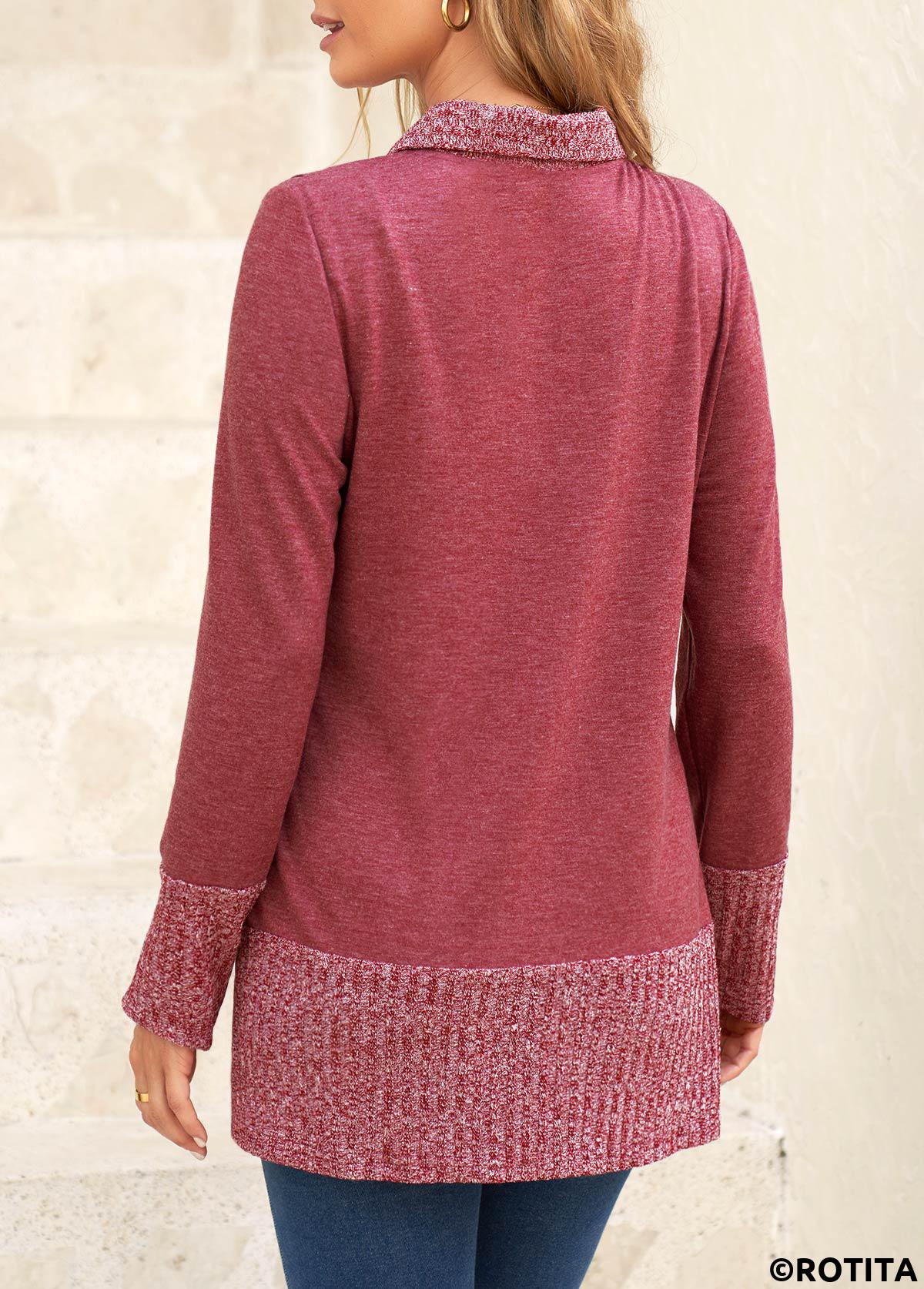 Dark Reddish Purple tops,Plain Color tops,ROTITA Button Dark Reddish Purple V Neck Sweatshirt