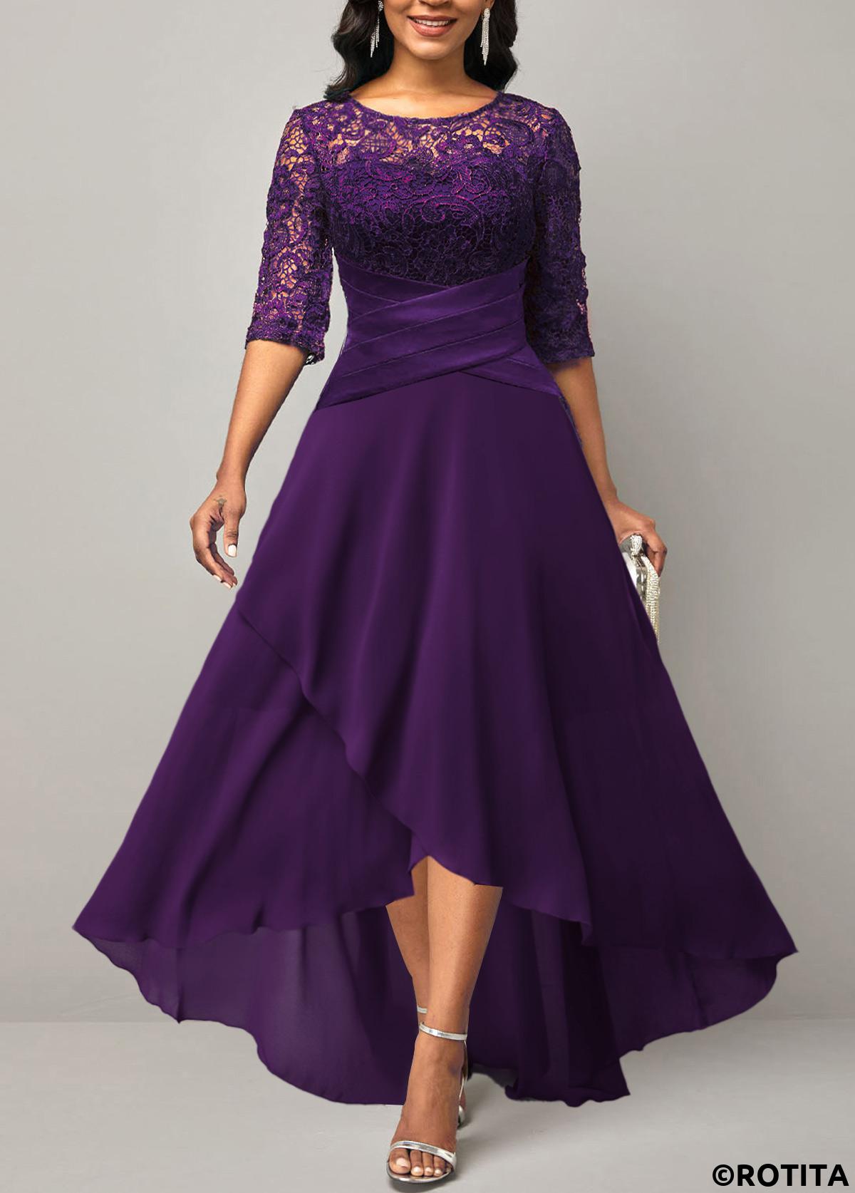 Purple dresses,Plain Color dresses,Party dresses,Elegant dresses,ROTITA Half Sleeve Purple Lace Patchwork Dress